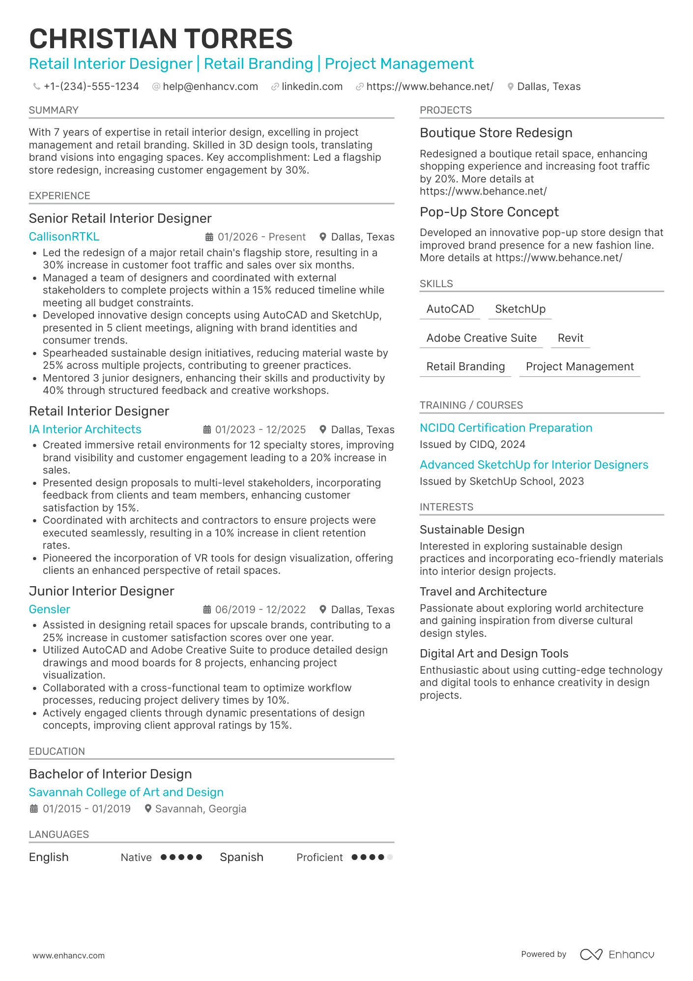 A resume example of a Retail Interior Designer
