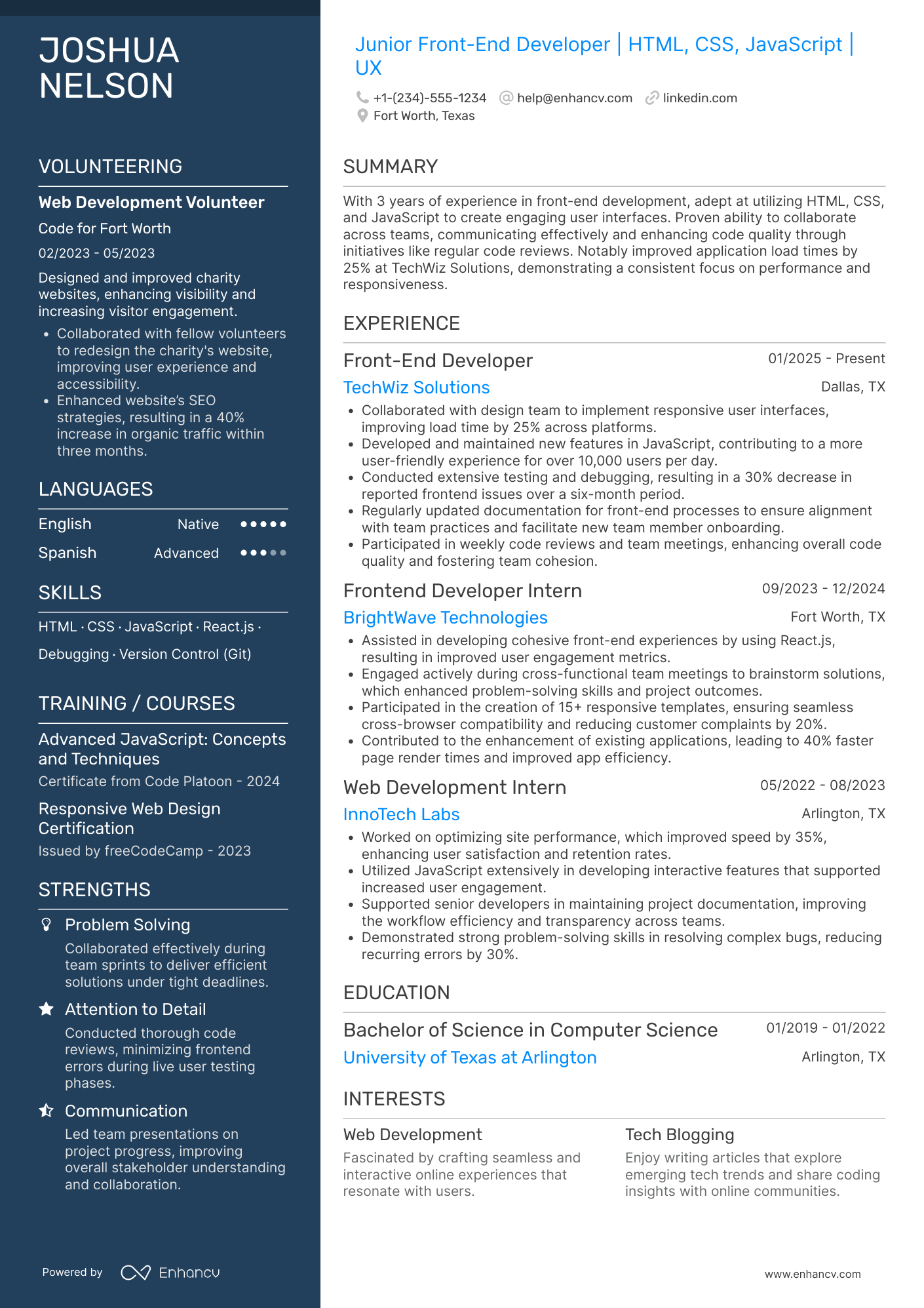 A resume example of a Junior Front End Developer
