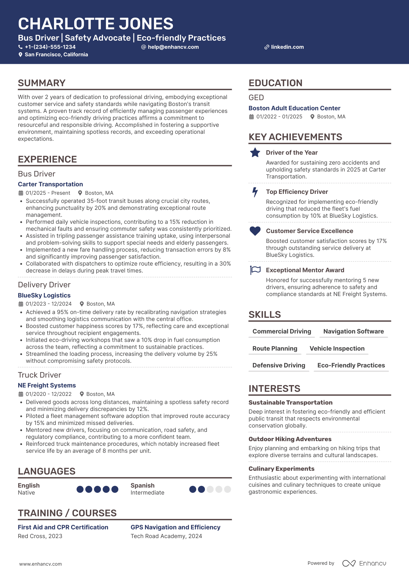 A resume example of a Part Time Bus Driver