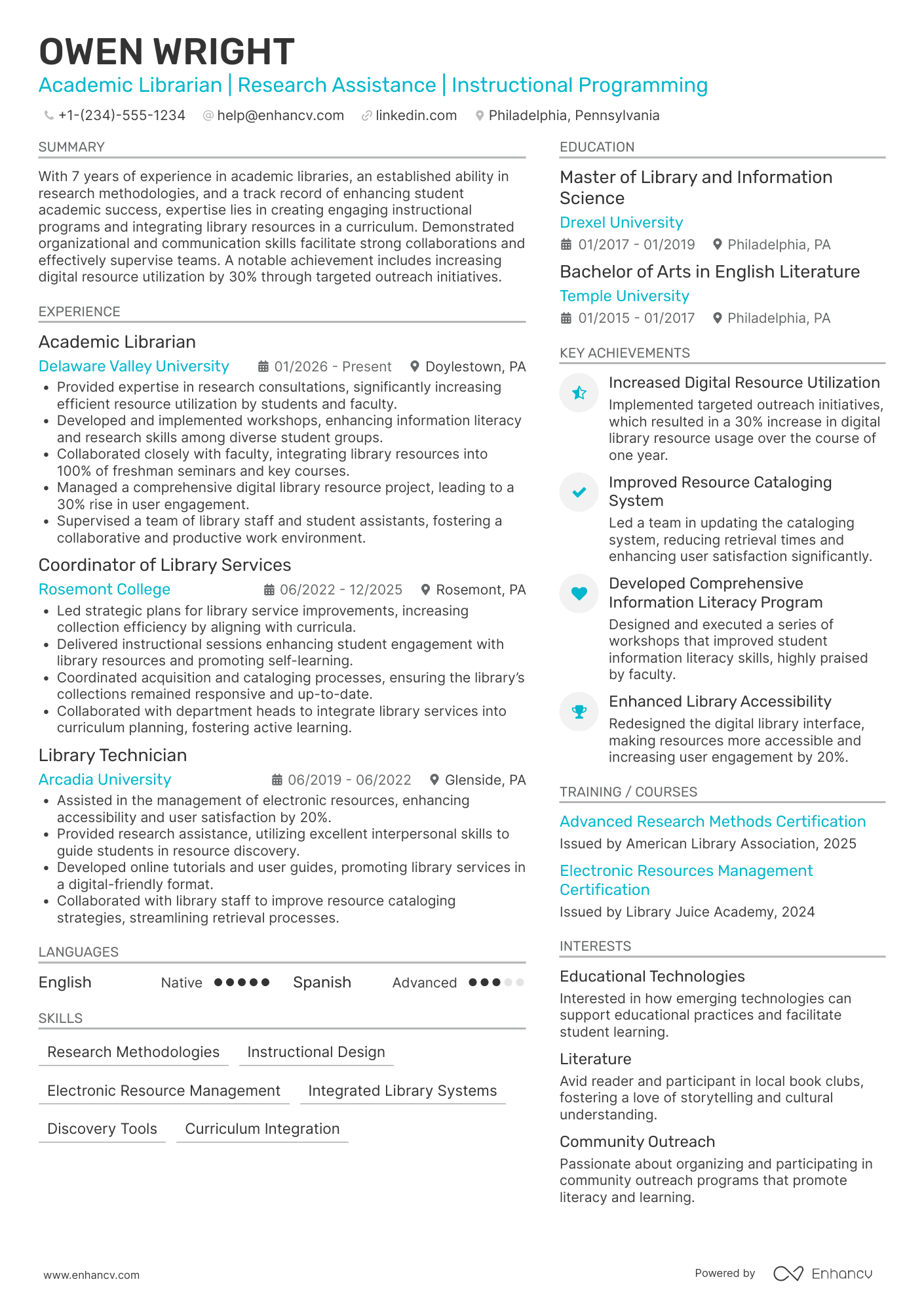 A resume example of a Academic Librarian