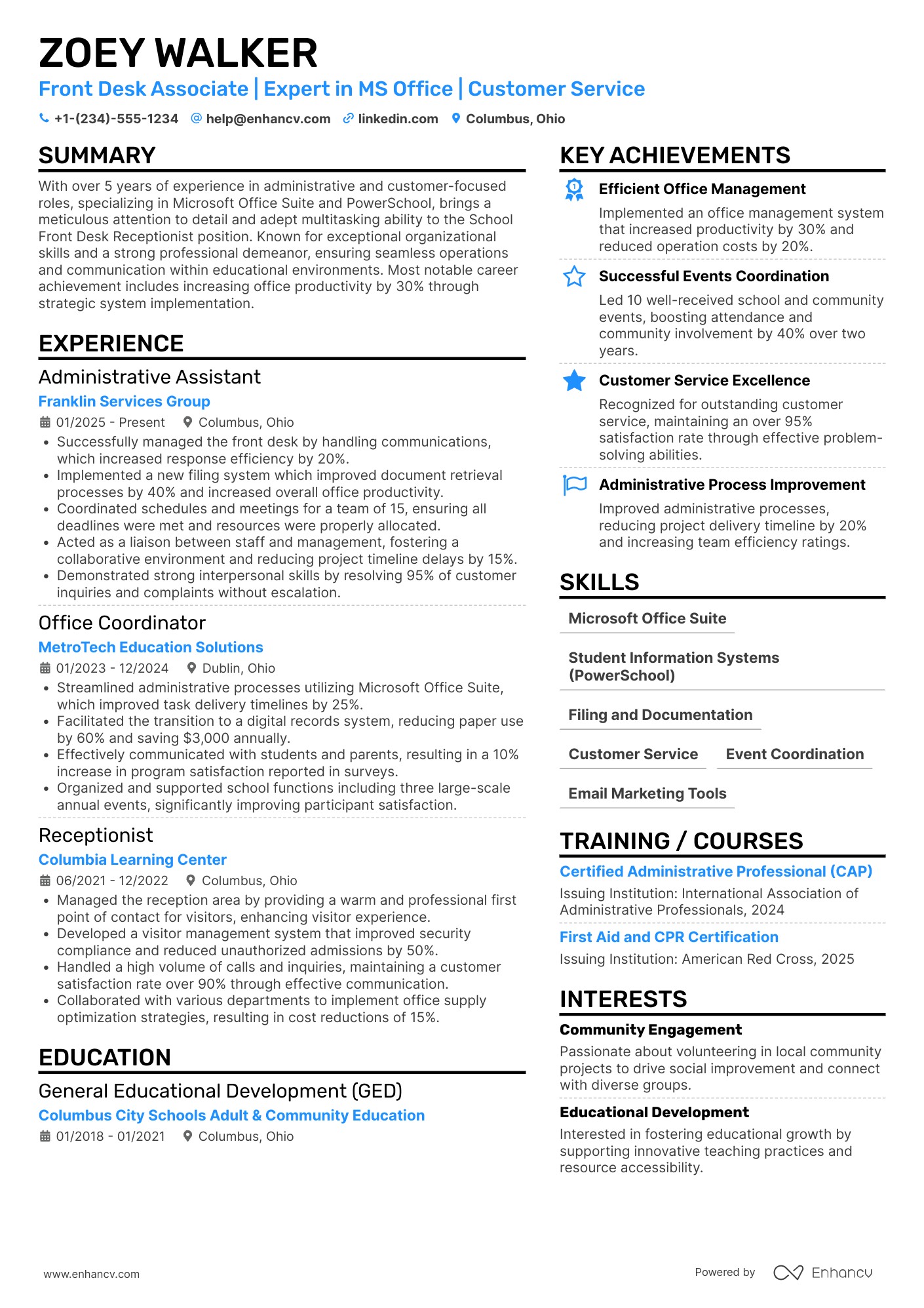 A resume example of a School Front Desk Receptionist