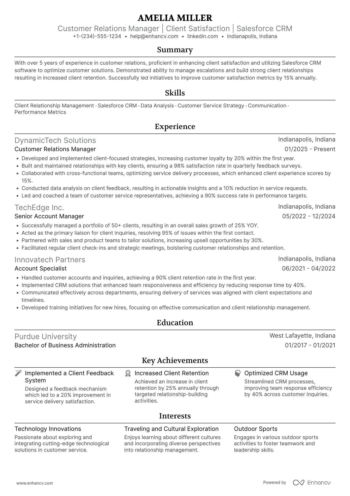 A resume example of a Customer Relations Manager