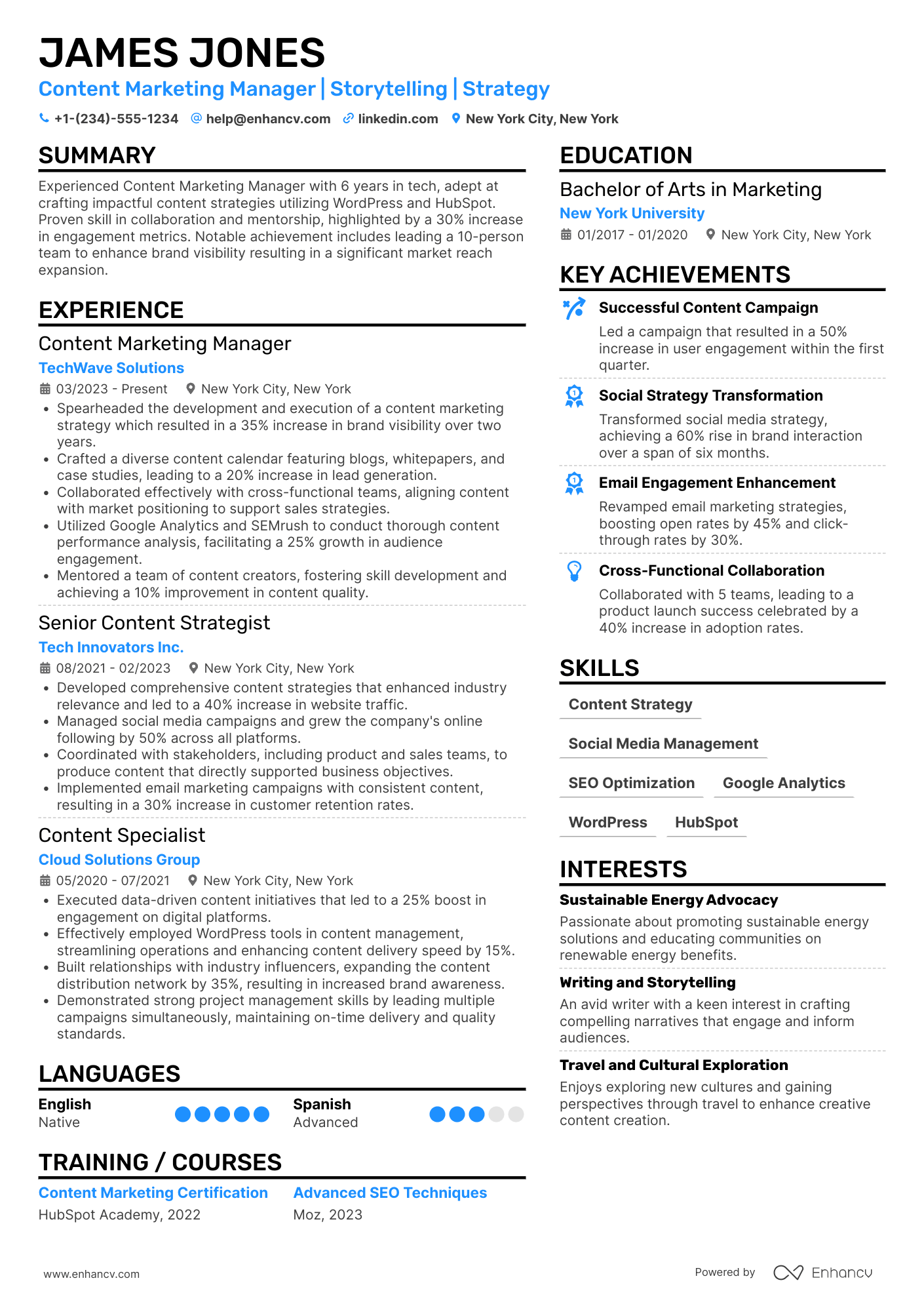 A resume example of a Content Marketing Manager