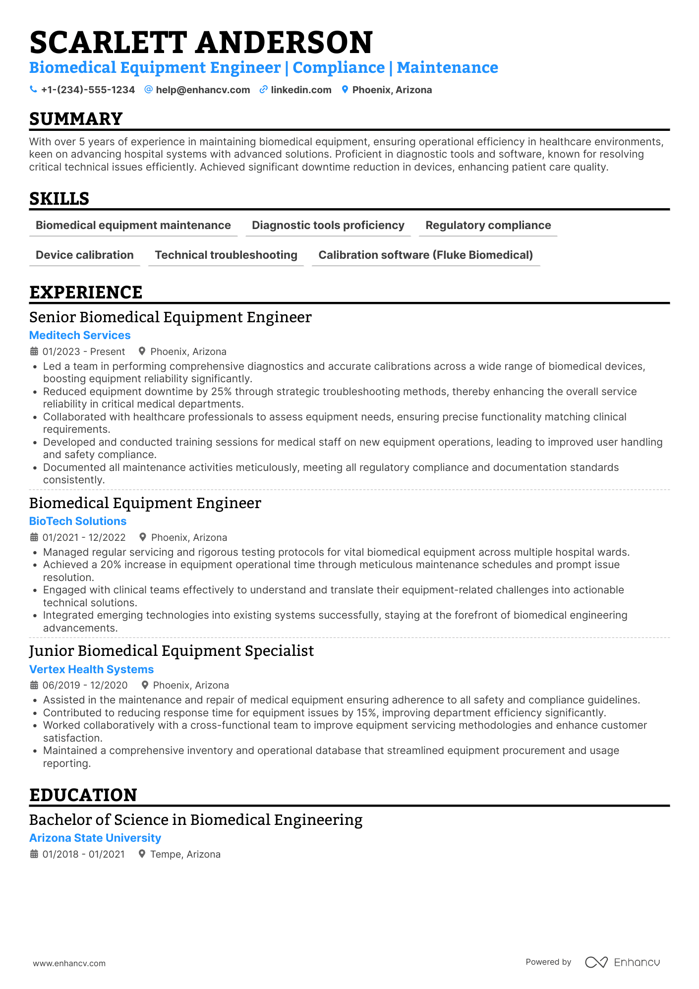 A resume example of a Biomedical Equipment Engineer