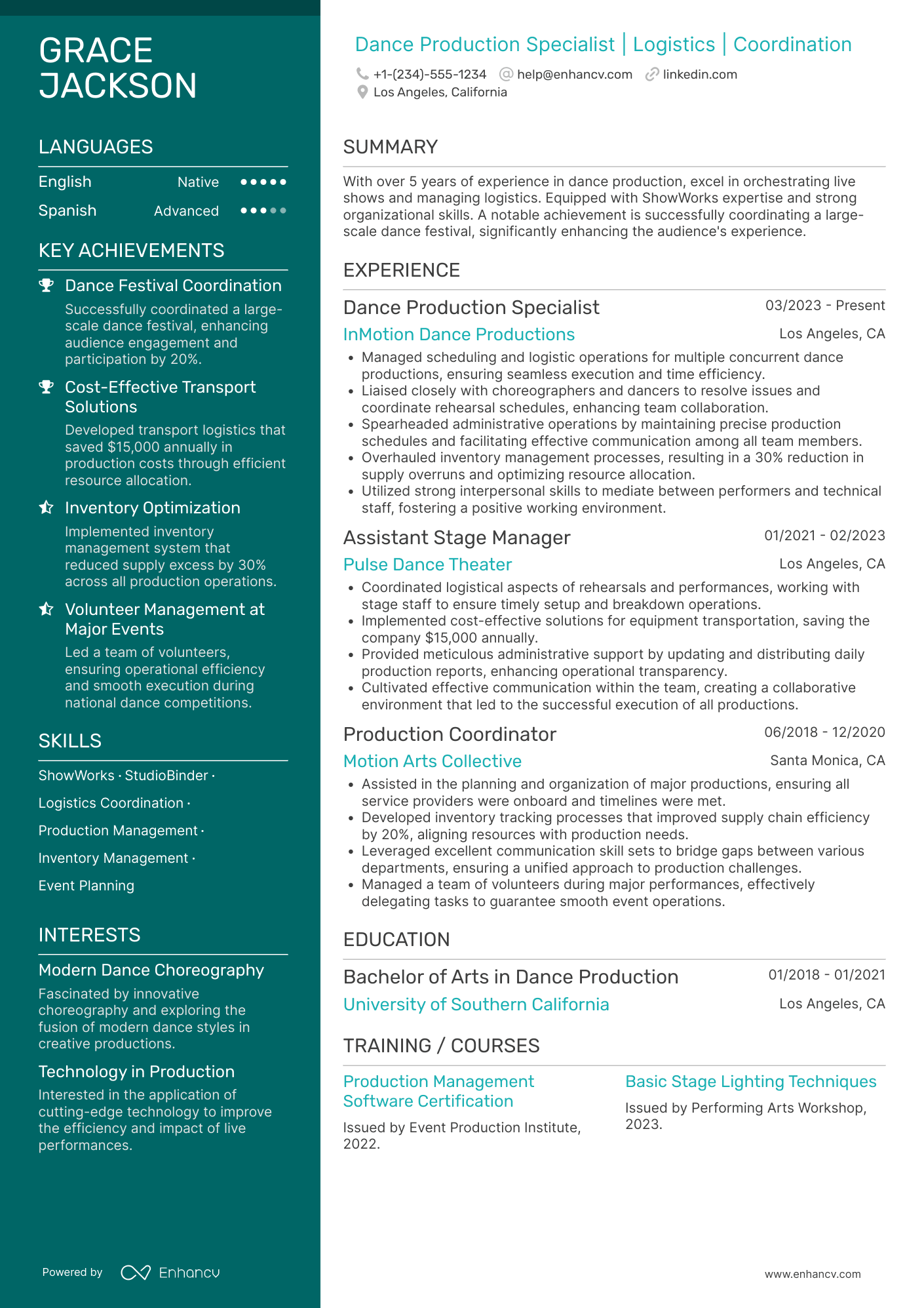 A resume example of a Dance Production Assistant