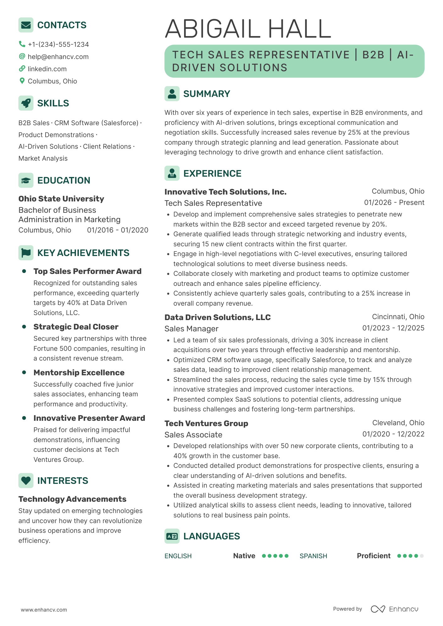 A resume example of a Tech Sales