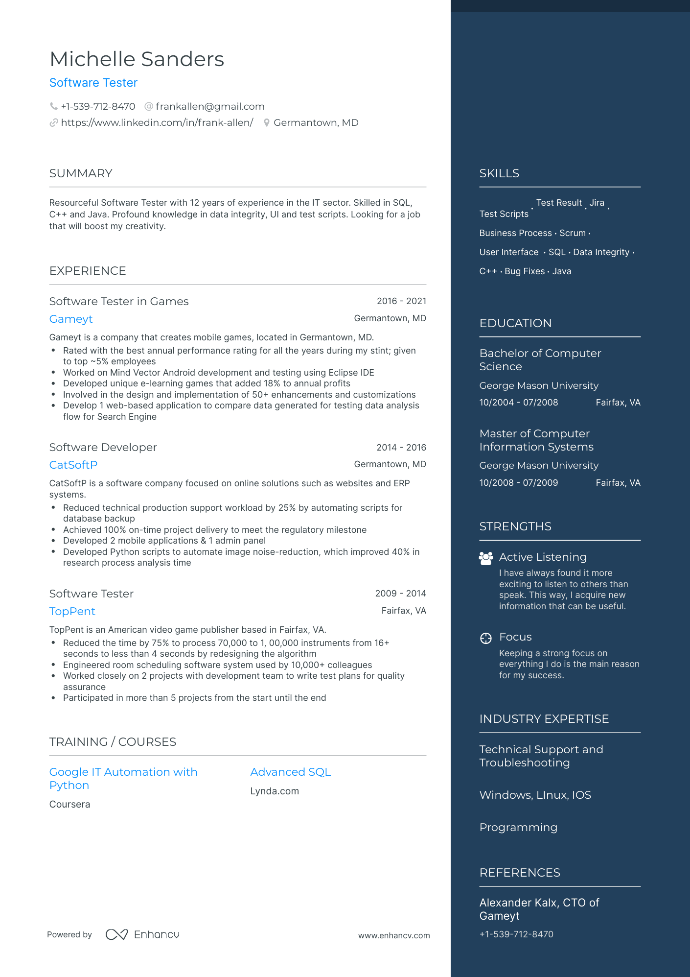 One Page Software Tester Resume Template
