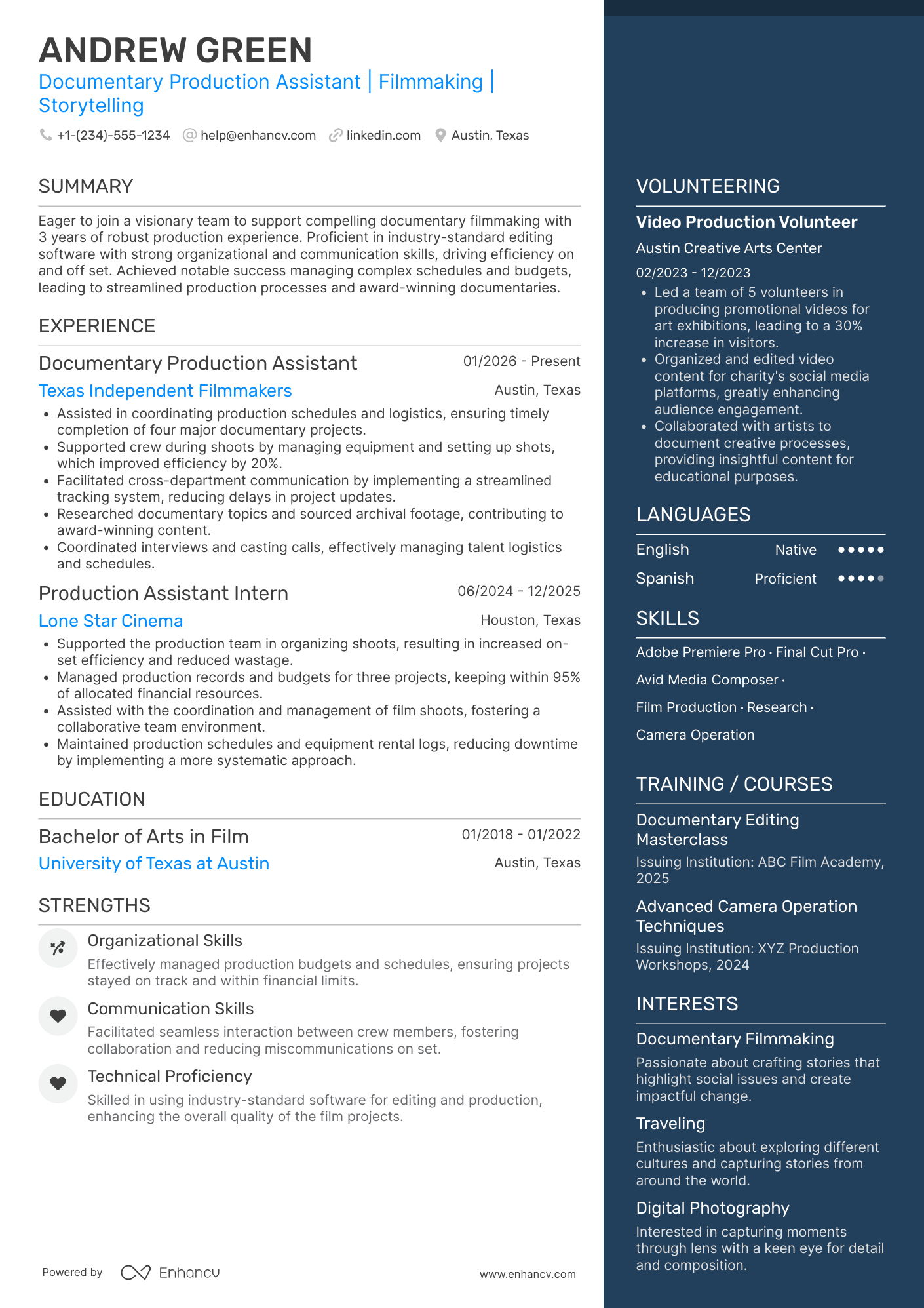 A resume example of a Documentary Production Assistant