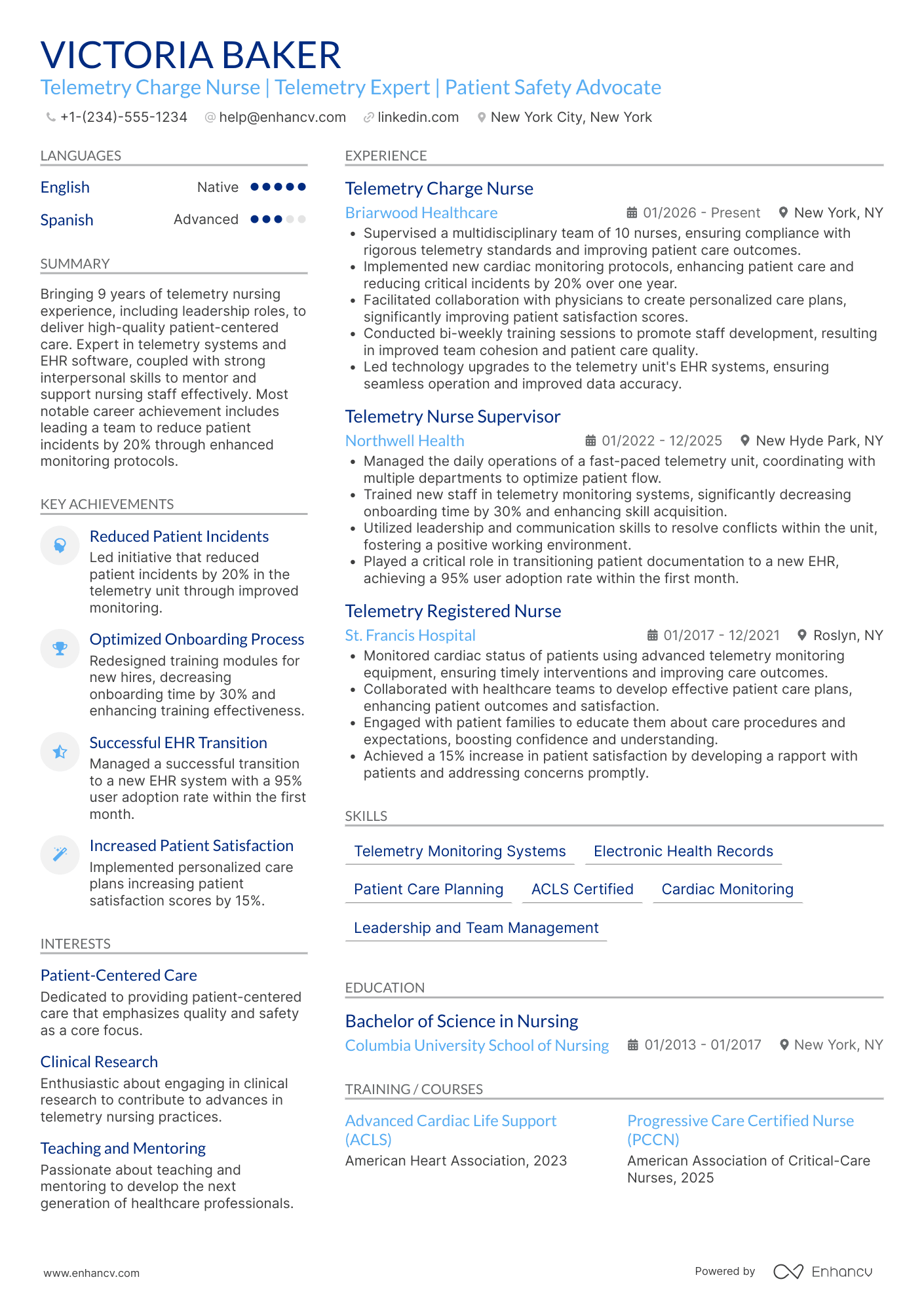 A resume example of a Telemetry Charge Nurse