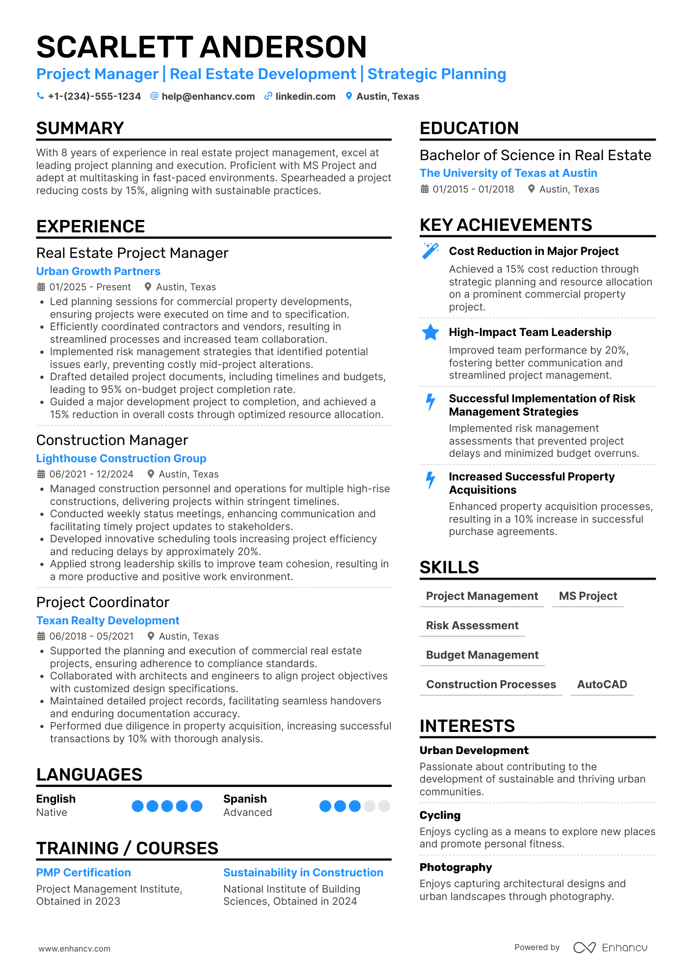 A resume example of a Real Estate Project Manager
