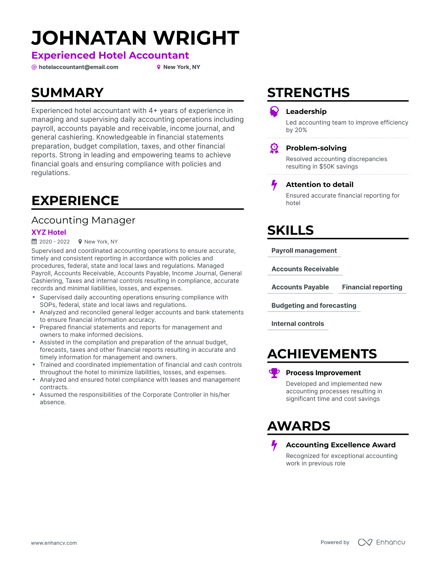 Simple Hotel Accounting Resume Template