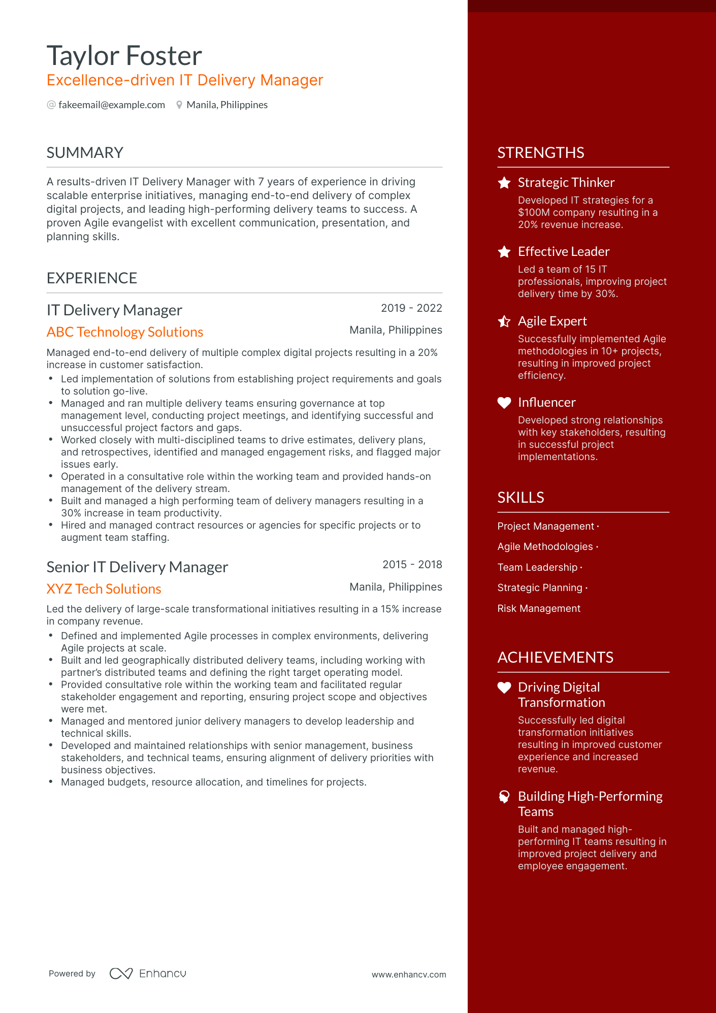 One Page IT Delivery Manager Resume Template