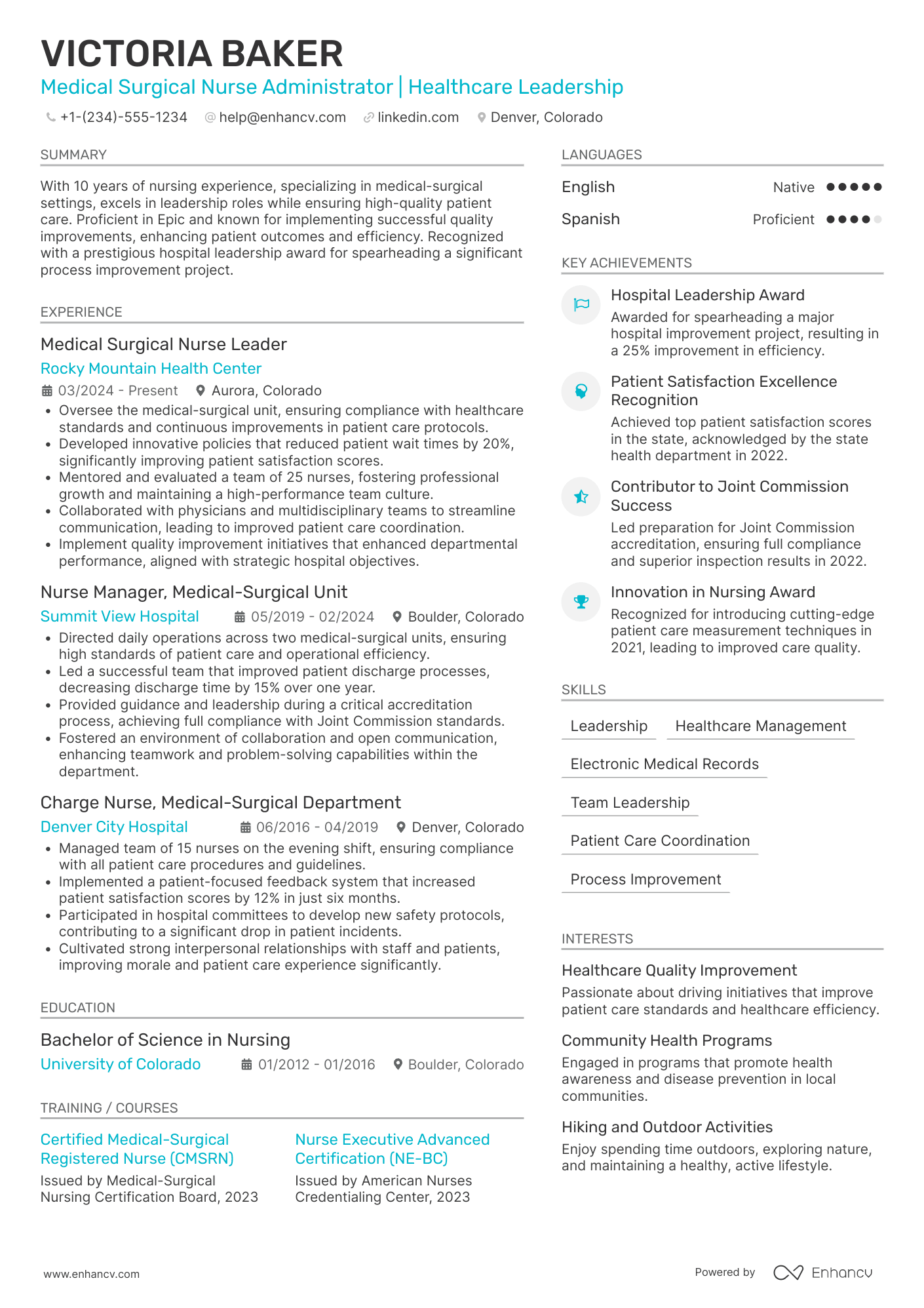 A resume example of a Medical Surgical Nurse Administrator