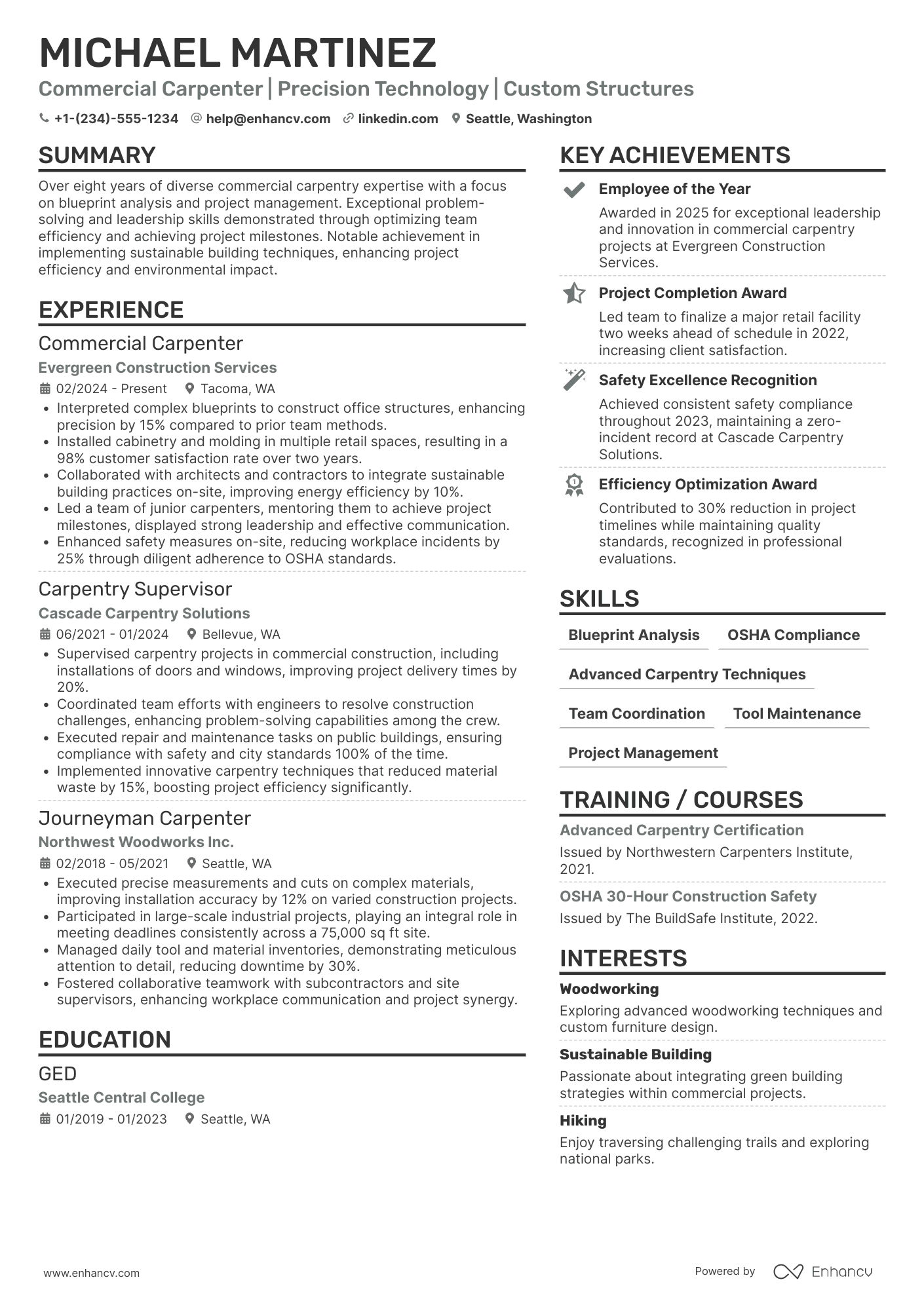 A resume example of a Commercial Carpenter