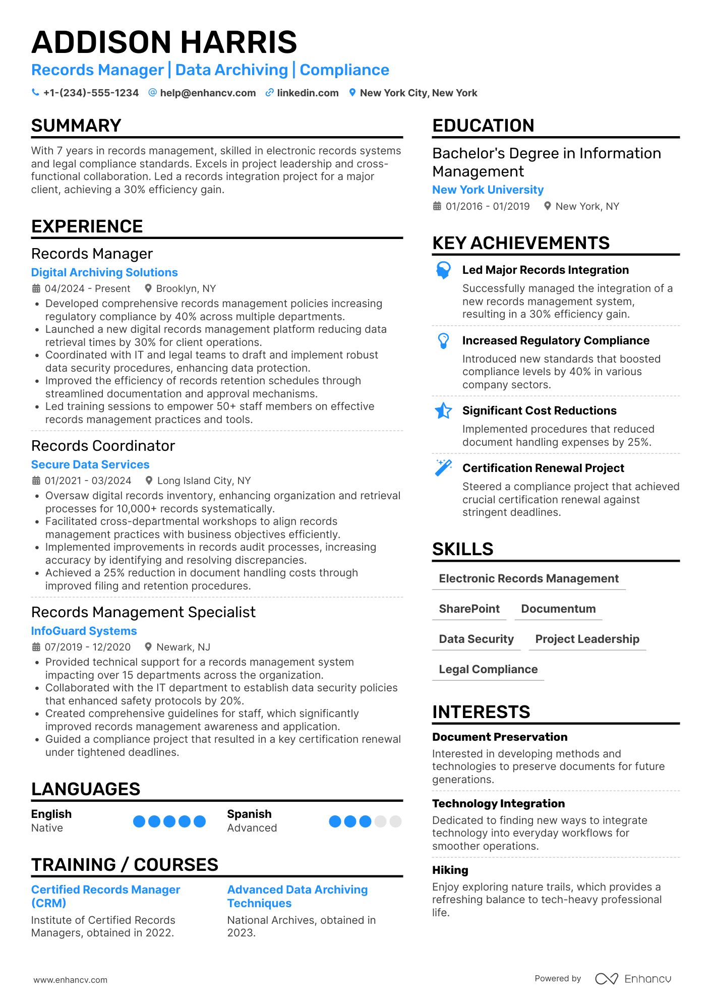 A resume example of a Records Manager