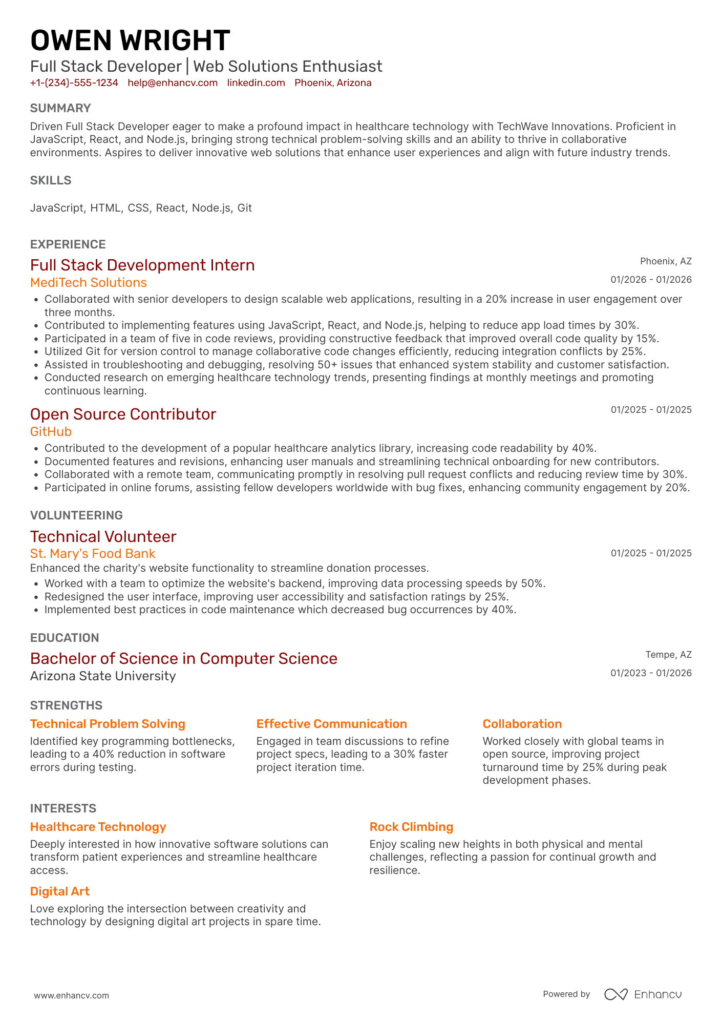 A resume example of a Entry Level Full Stack Developer