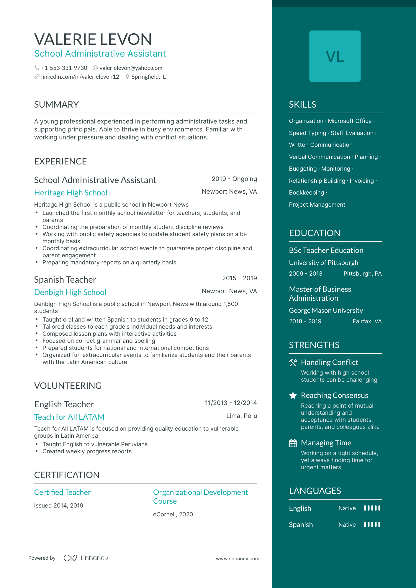 One Page School Administrative Assistant Resume Template