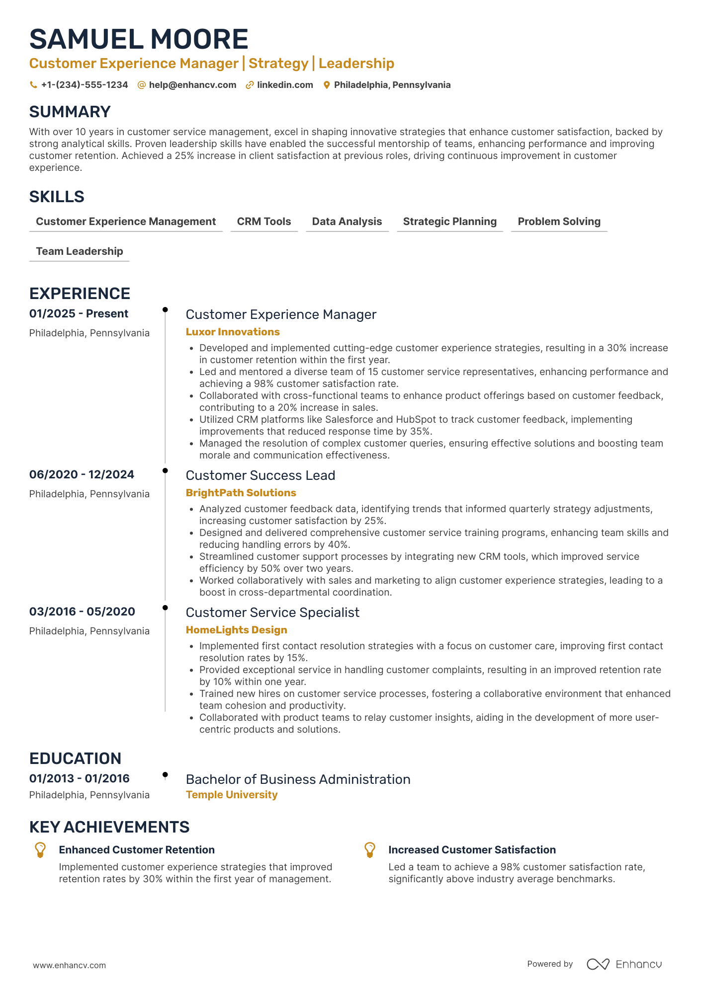 A resume example of a Customer Experience Manager