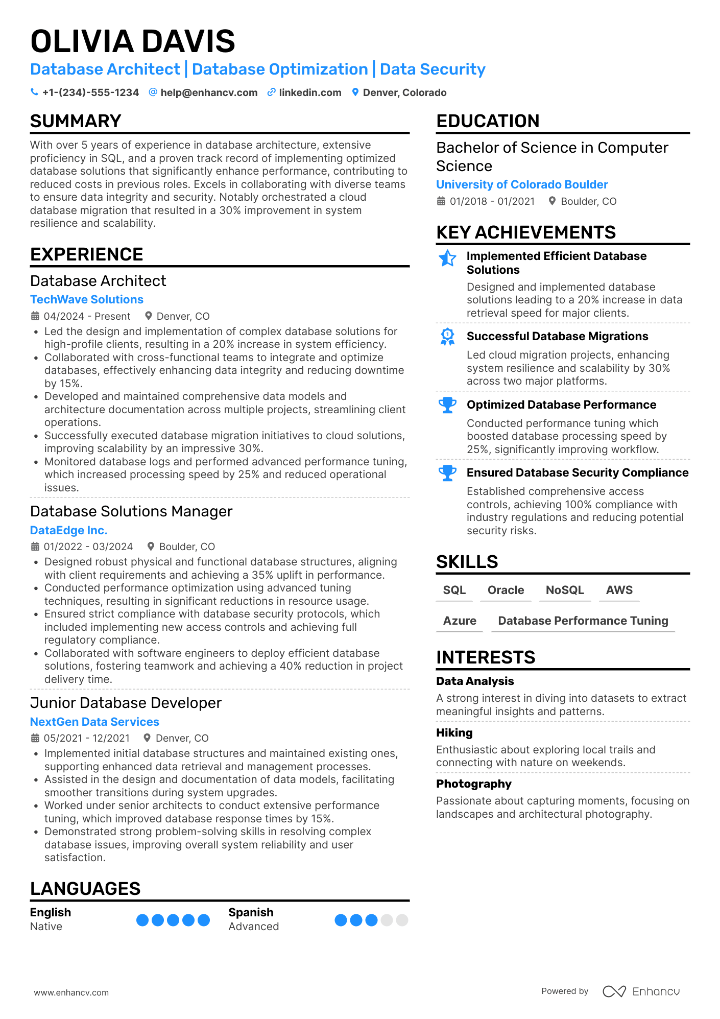 A resume example of a Database Architect