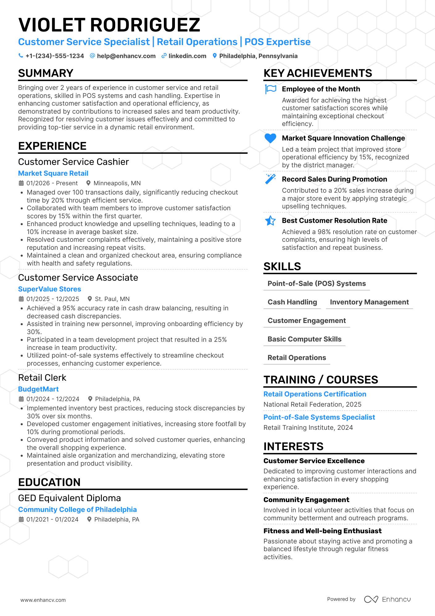 A resume example of a Customer Service Cashier