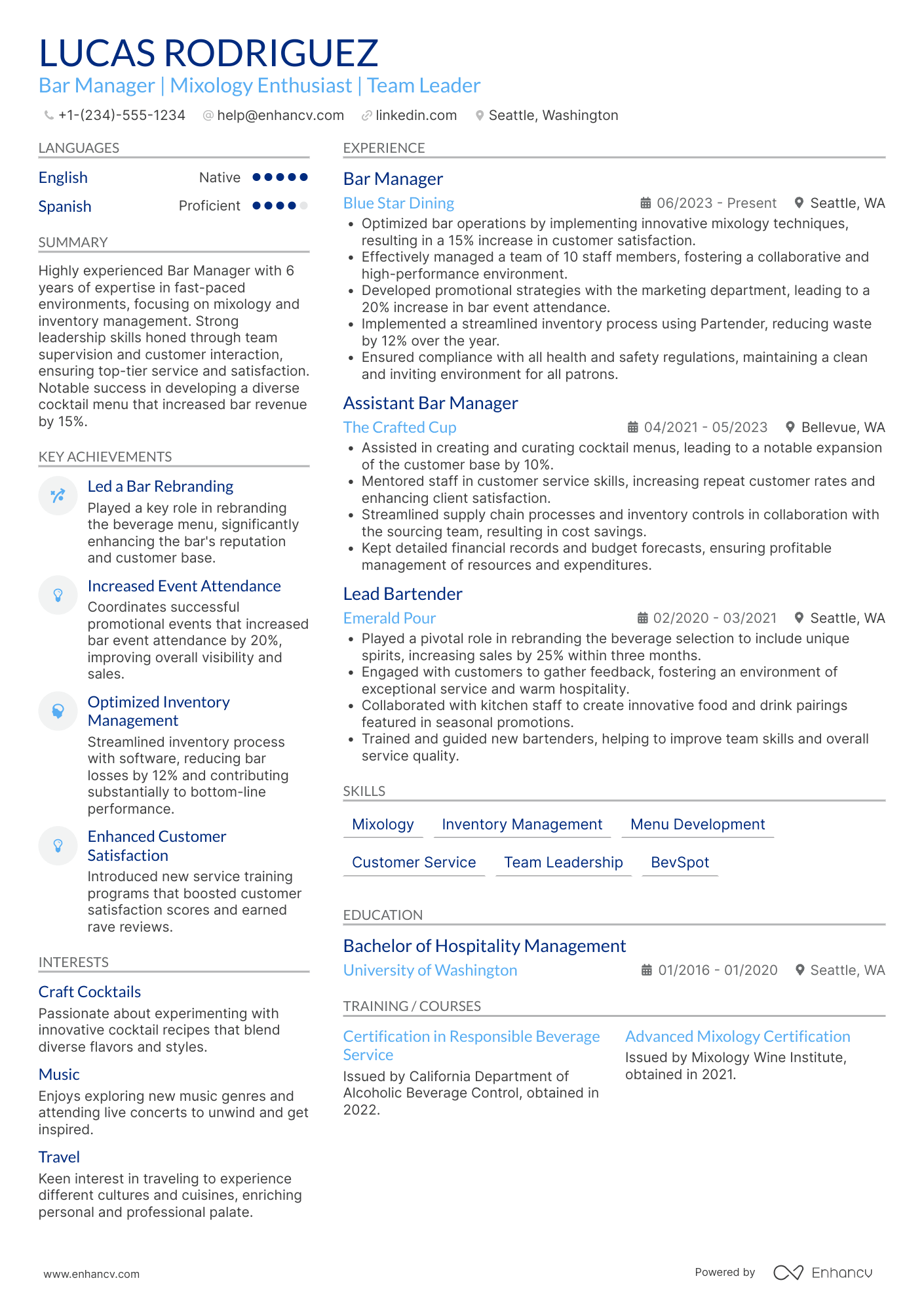 A resume example of a Restaurant Bar Manager