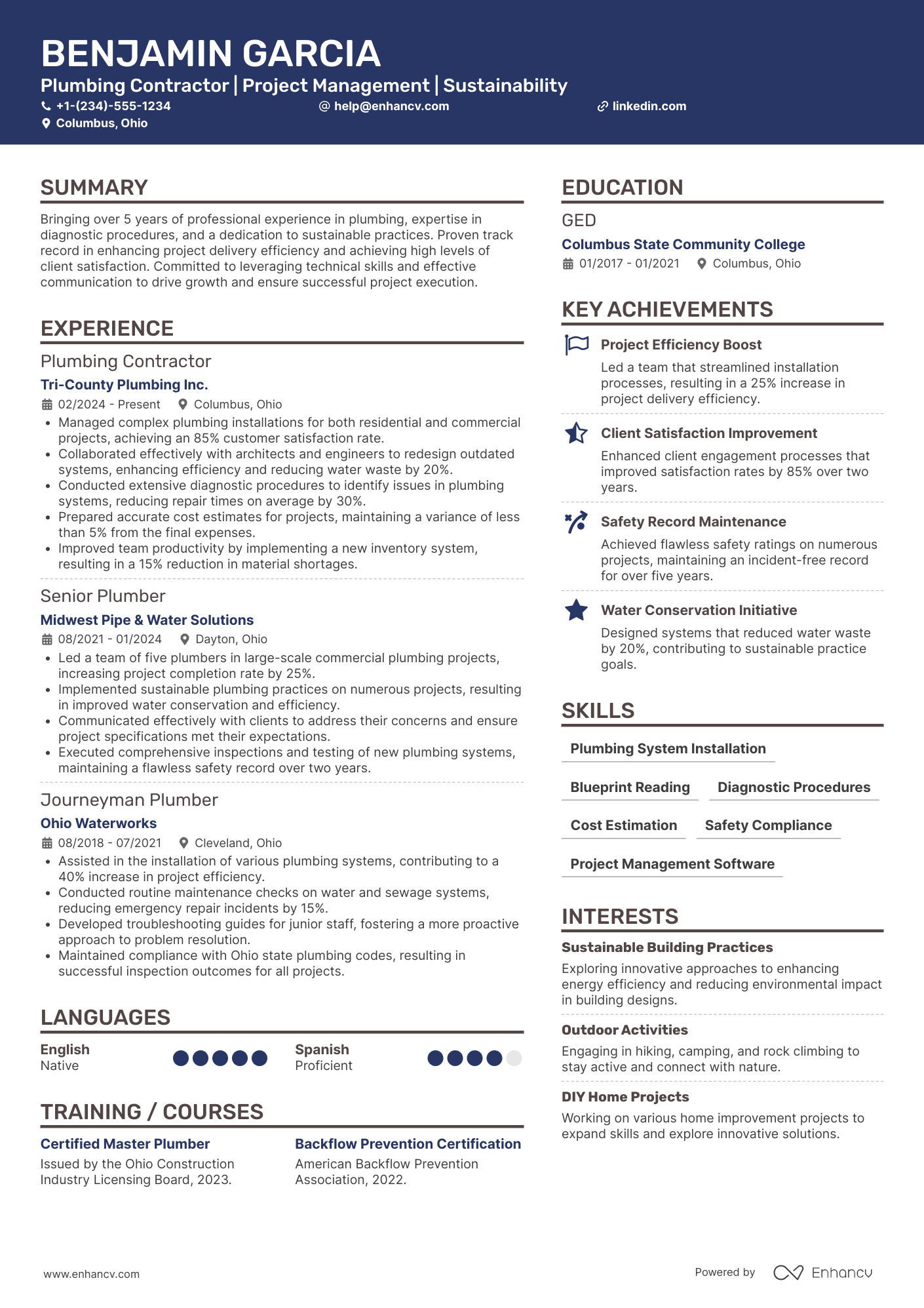 A resume example of a Plumbing Contractor
