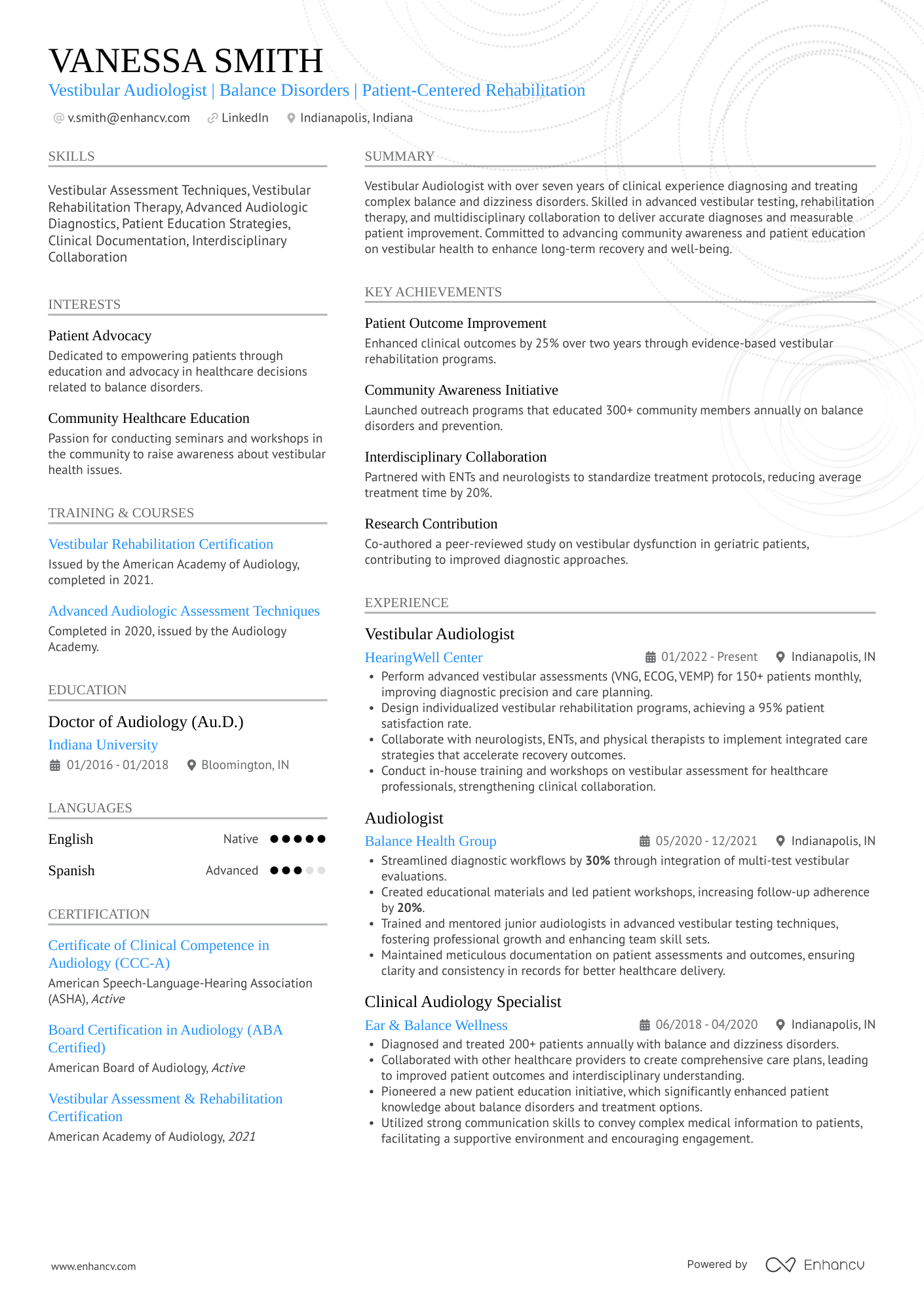 A resume example of a Vestibular Audiologist