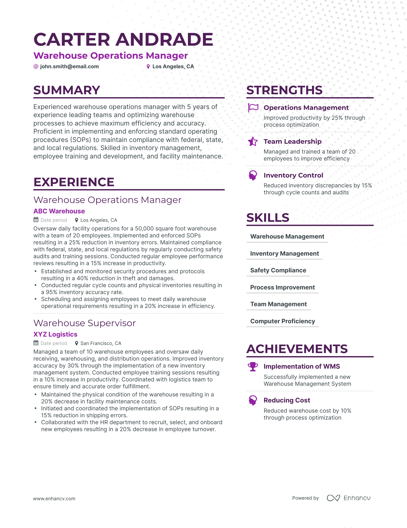 Simple Warehouse Operations Manager Resume Template