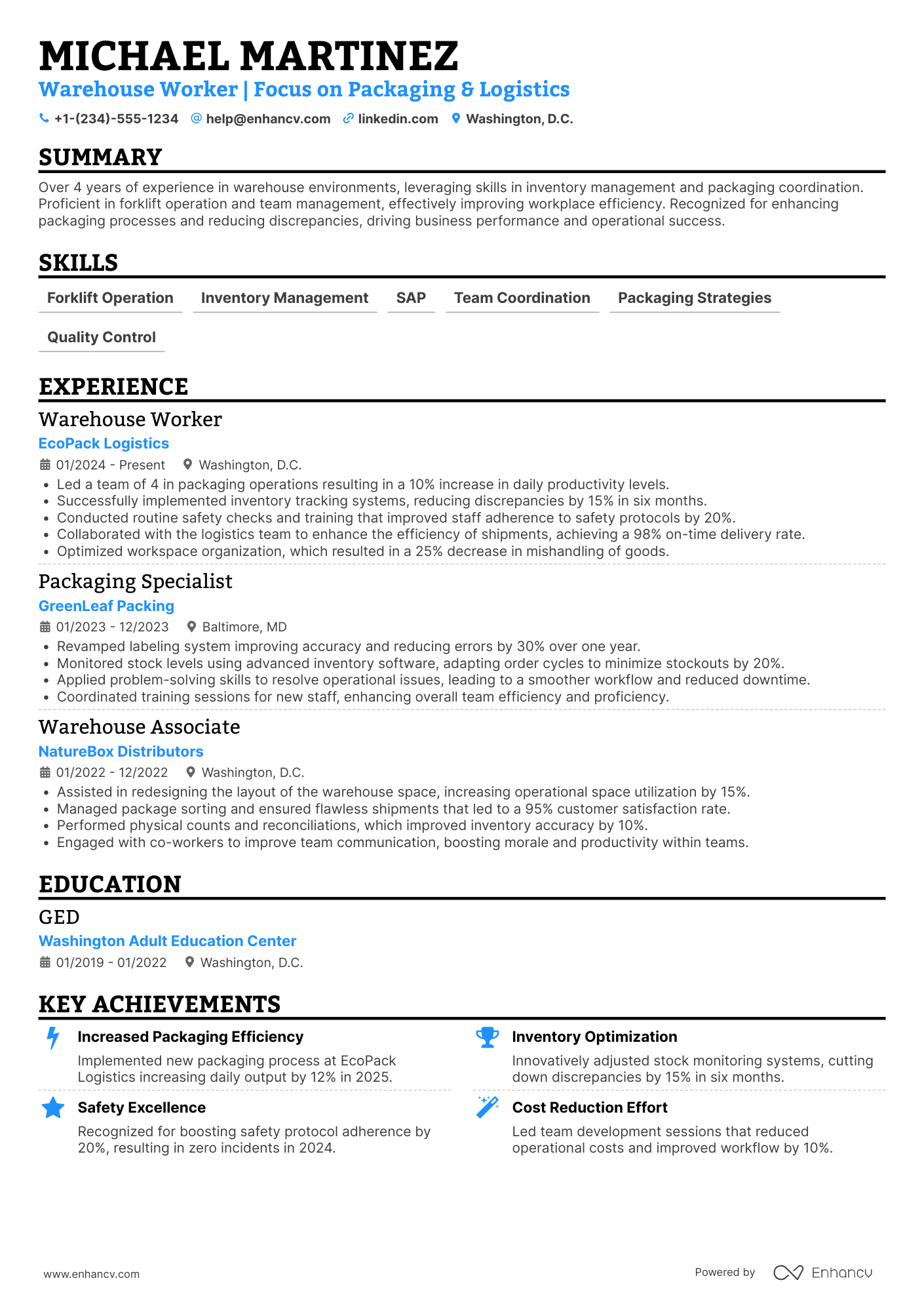 A resume example of a Warehouse Worker ��� Packaging Coordinator