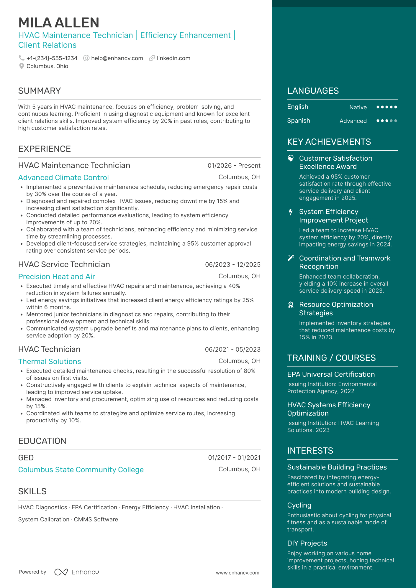 A resume example of a HVAC Maintenance Technician