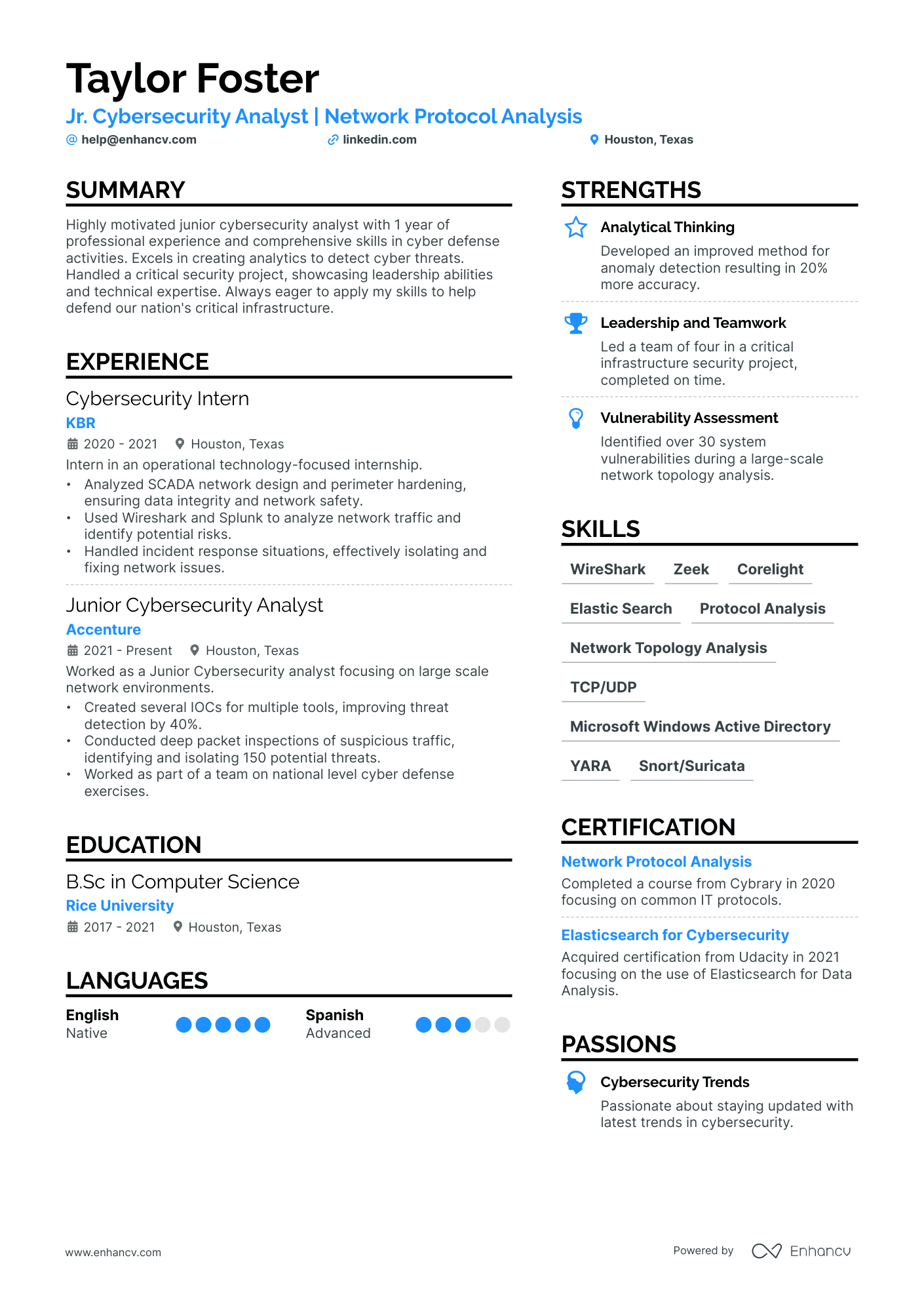 A resume example of a Junior Cyber Security Analyst