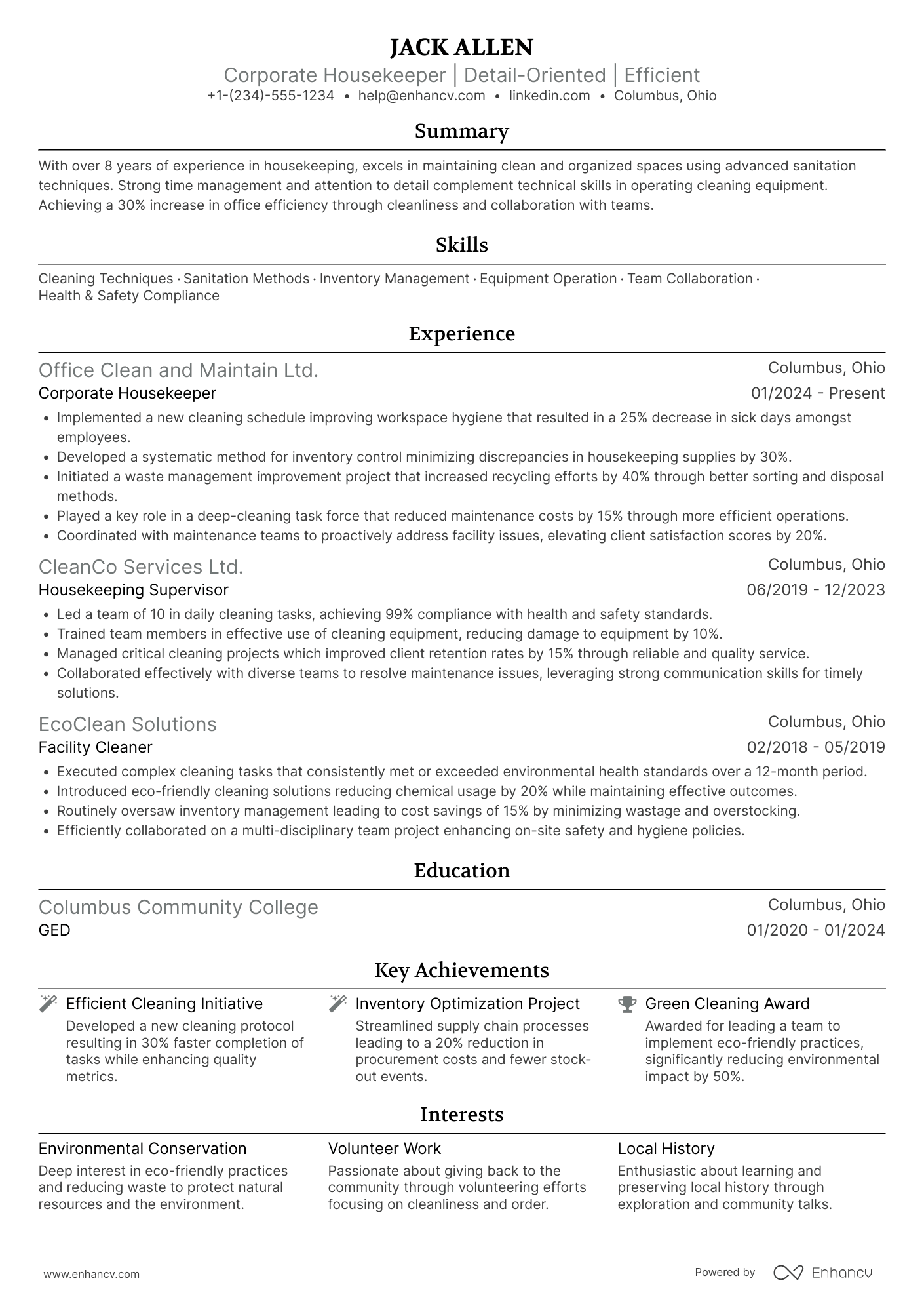 A resume example of a Corporate Housekeeper