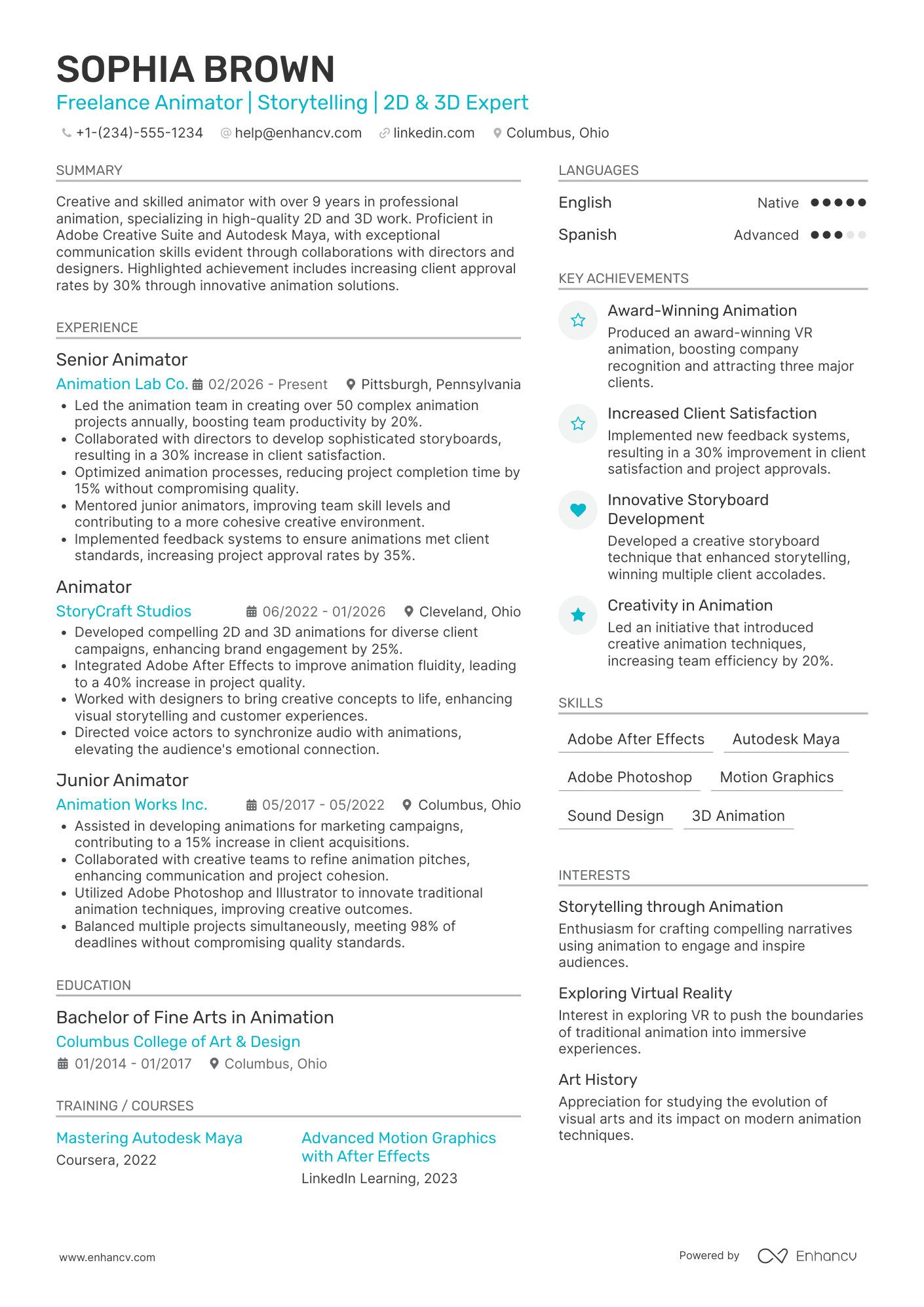 A resume example of a Freelance Animator