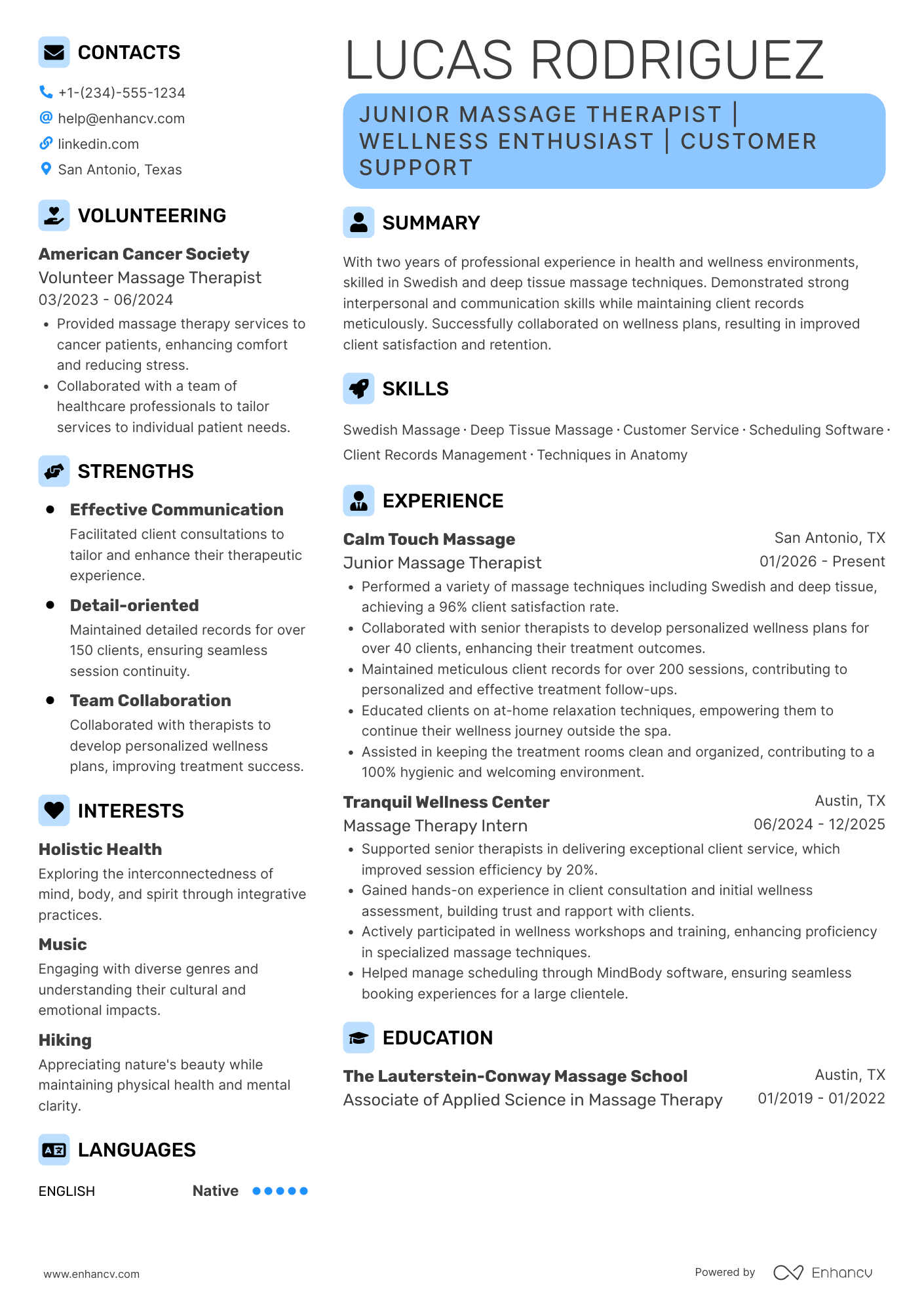 A resume example of a Junior Massage Therapist