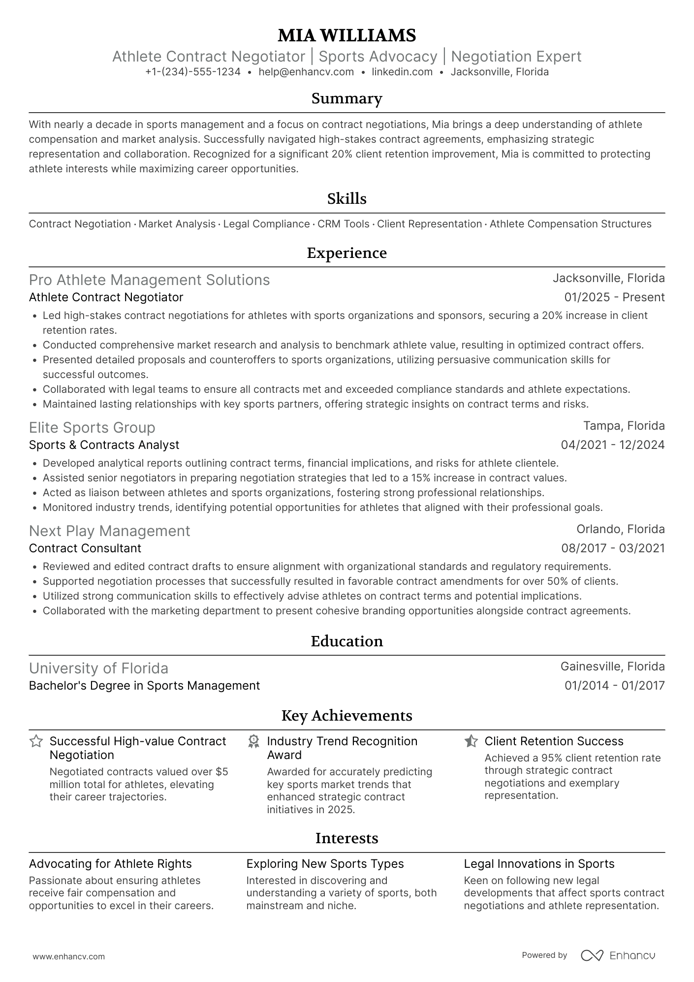 A resume example of a Athlete Contract Negotiator