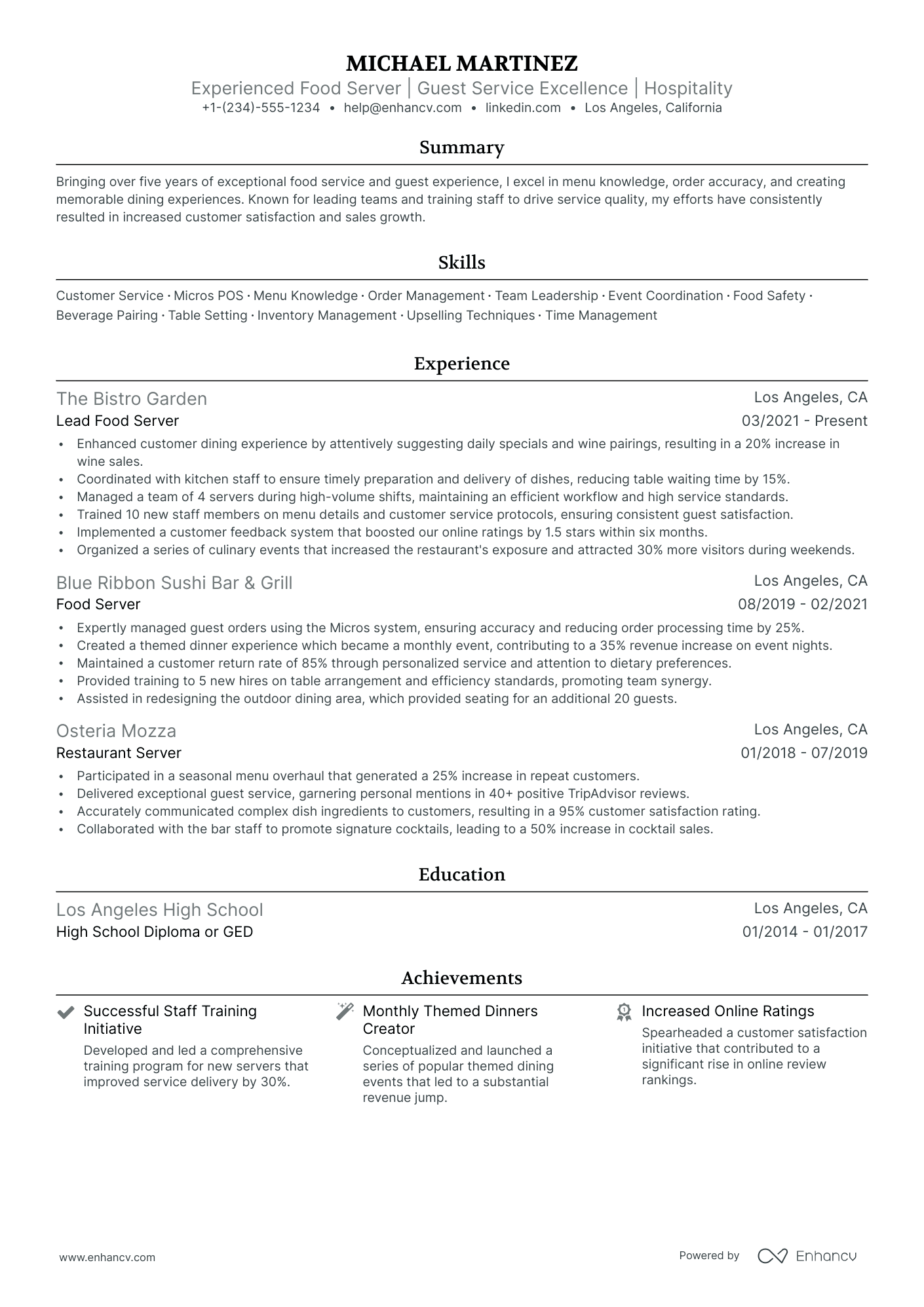 5 Food Server Resume Examples & Guide for 2024