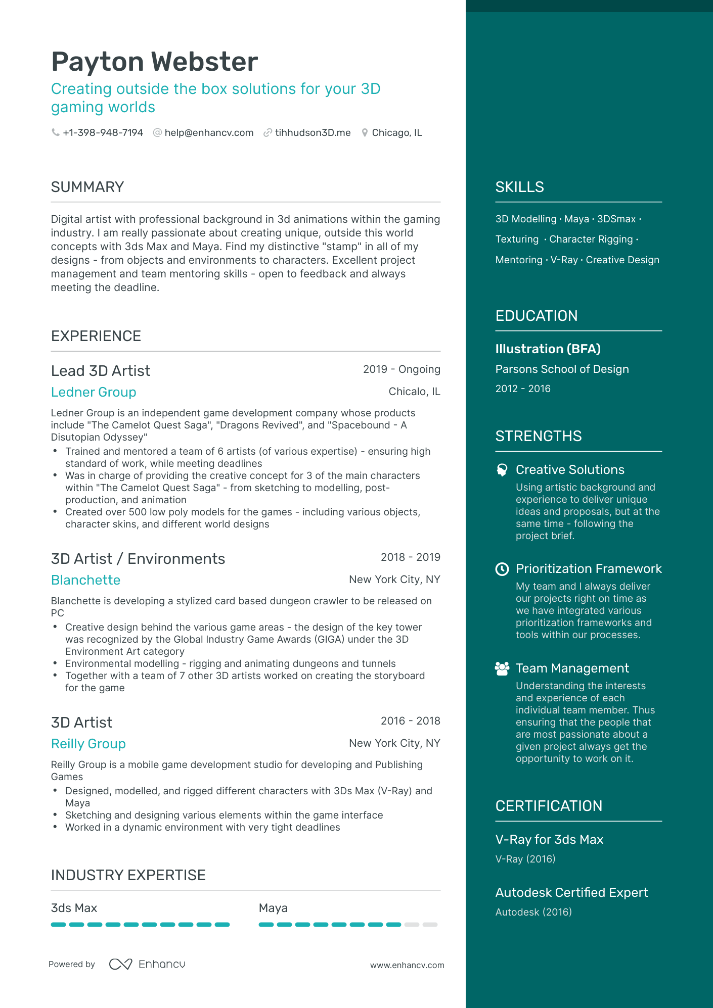 One Page 3D Artist Resume Template