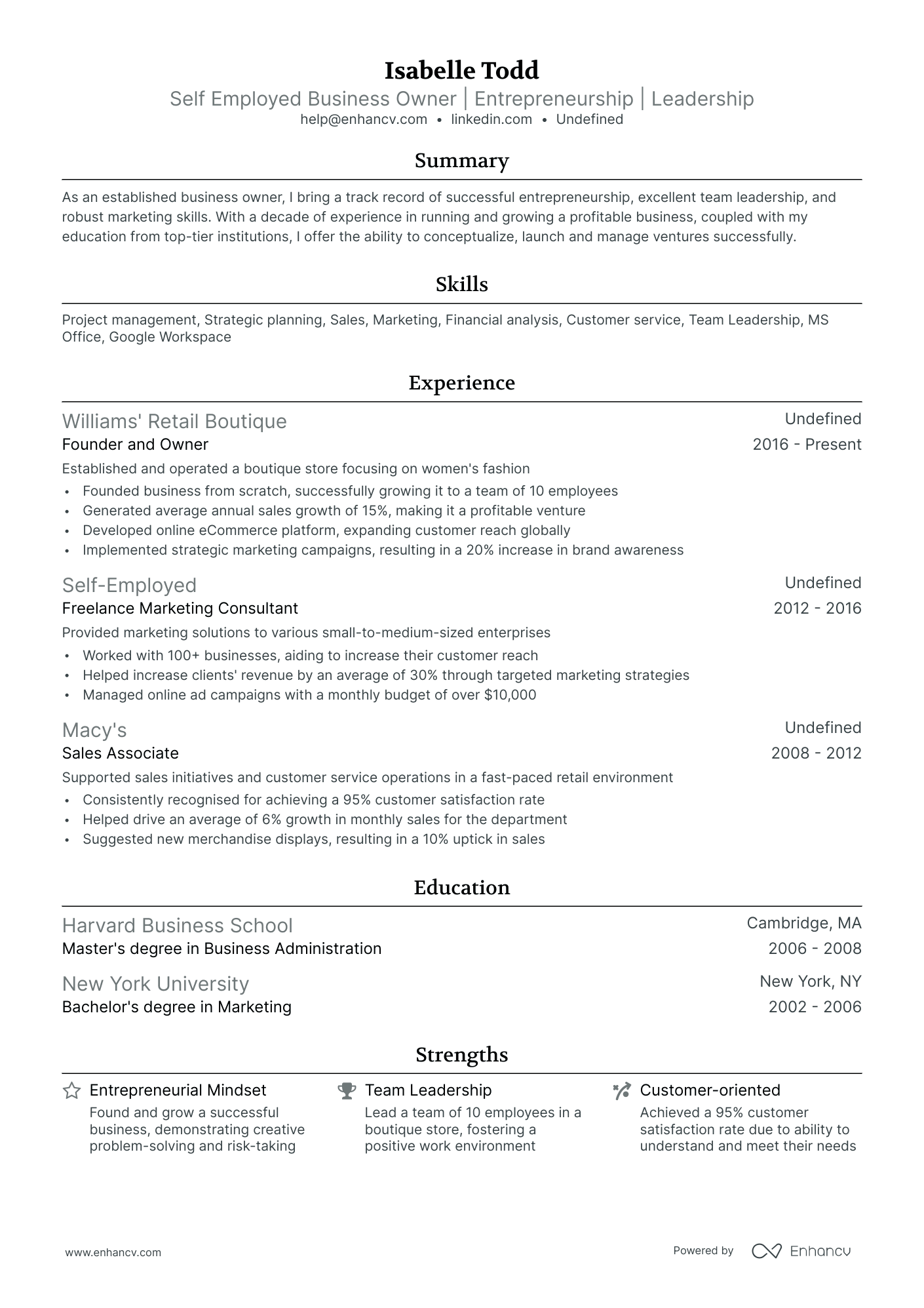 self employed work experience resume