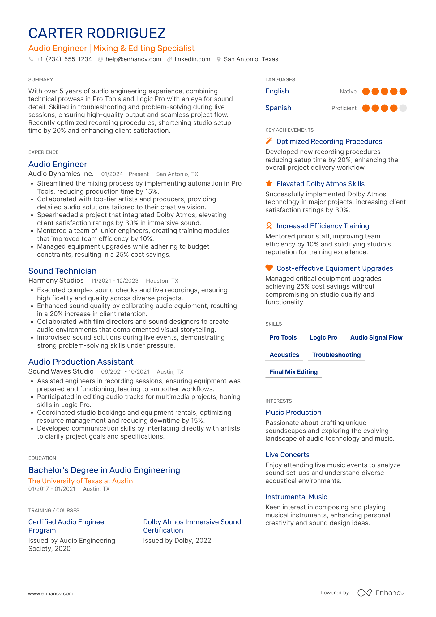 A resume example of a Audio Engineer