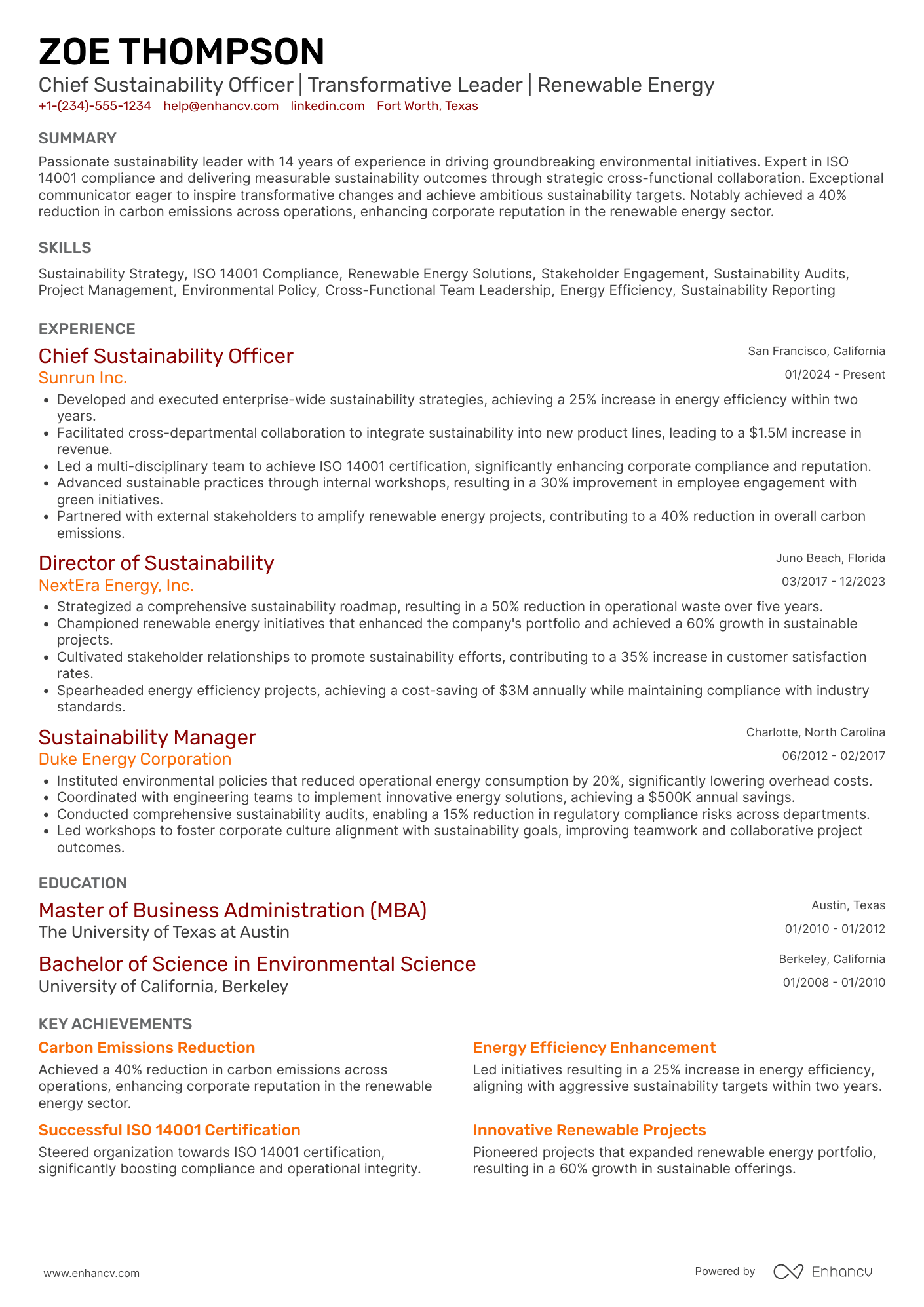 A resume example of a Interim Chief Sustainability Officer
