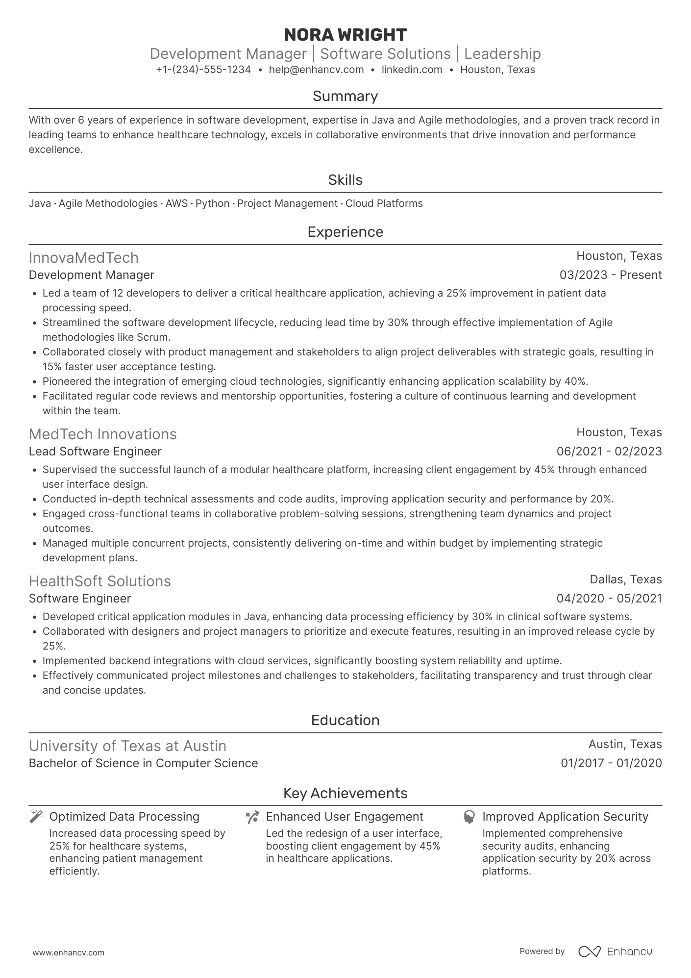 A resume example of a Development Manager