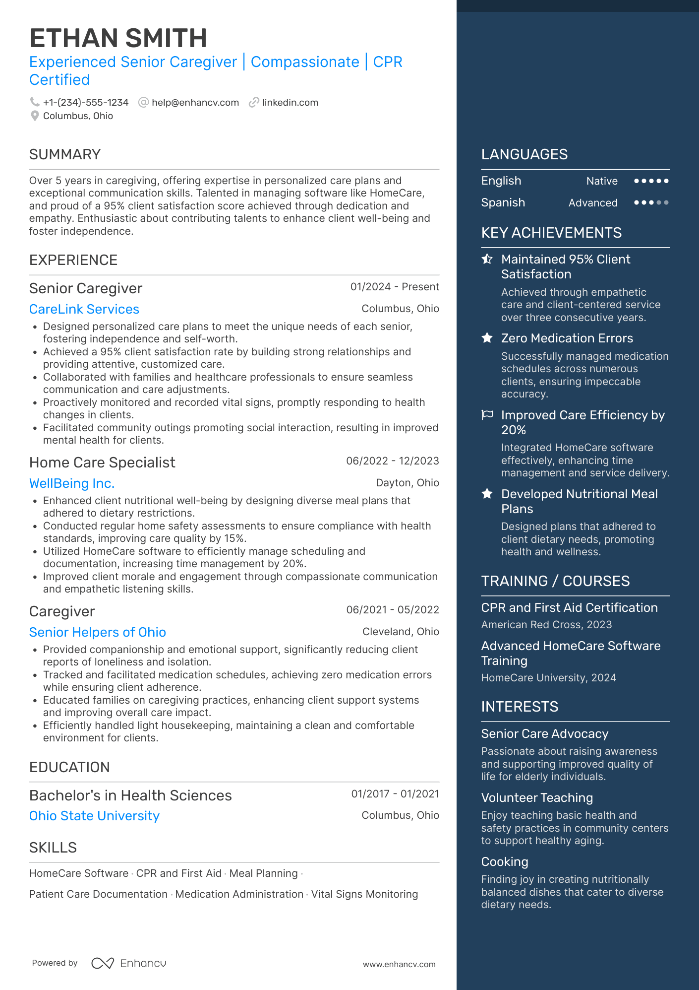 A resume example of a Senior Caregiver