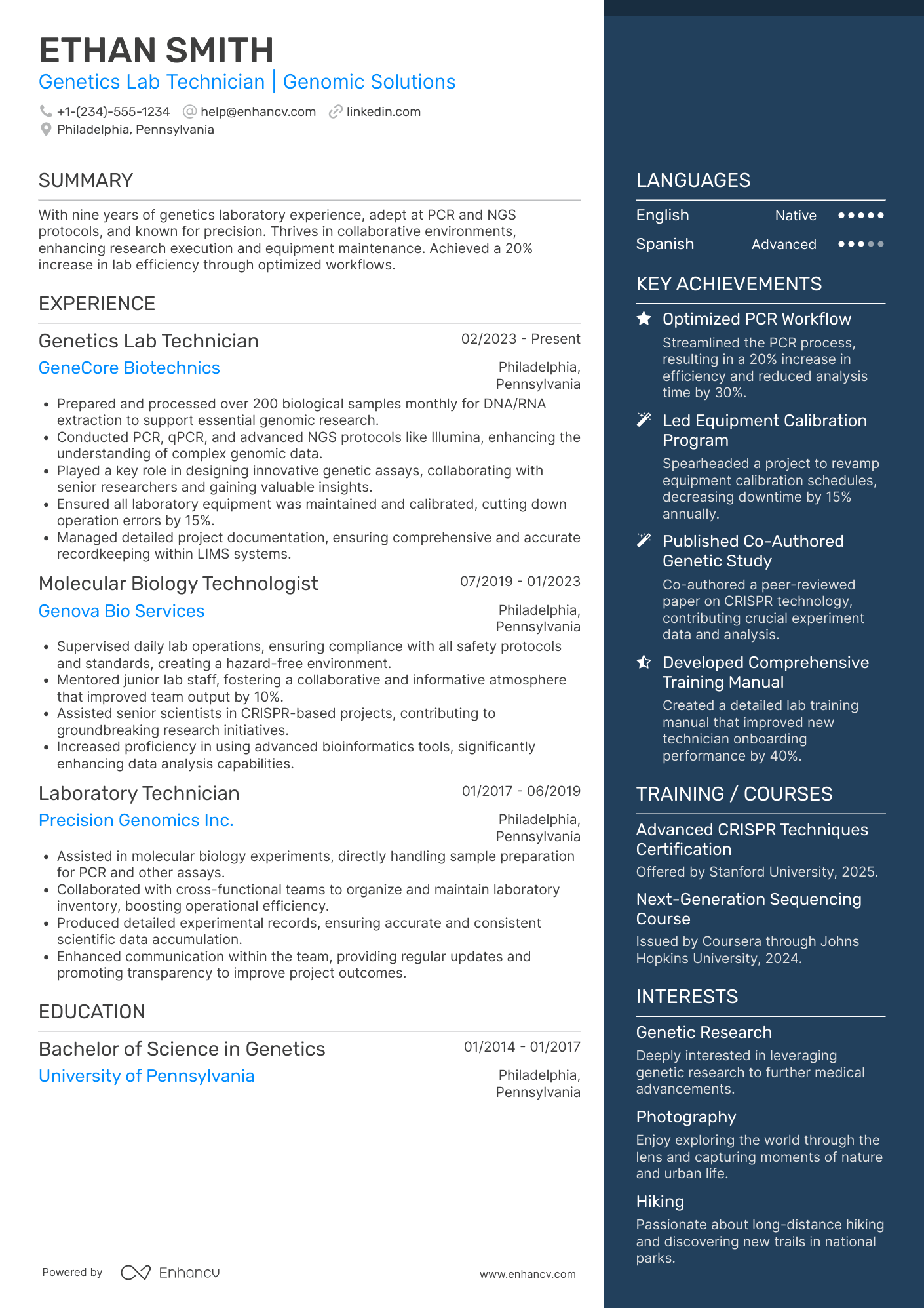 A resume example of a Genetics Lab Technician