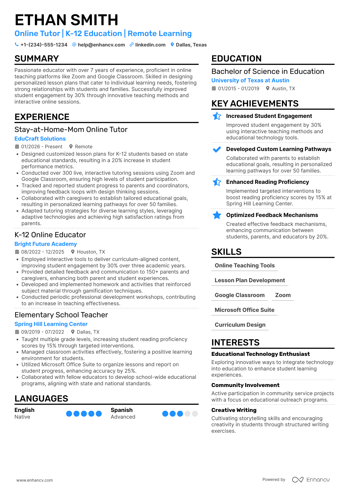 A resume example of a Stay at Home Mom Online Tutor