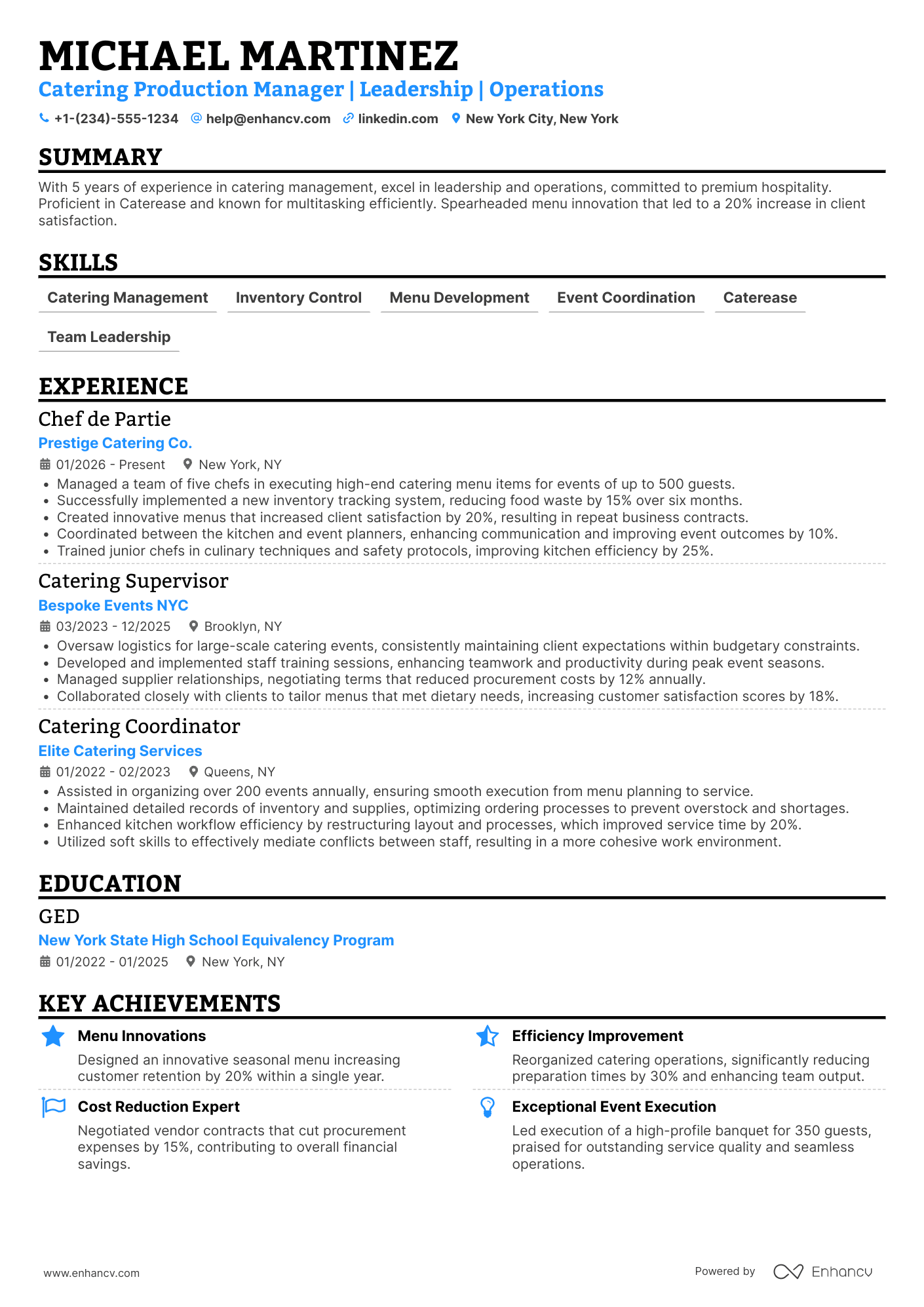 A resume example of a Catering Production Manager