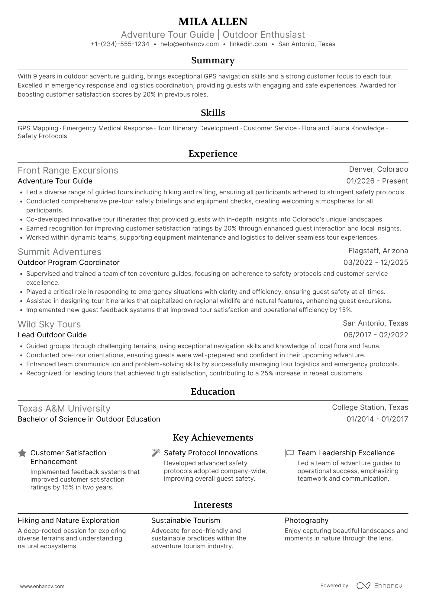 A resume example of a Adventure Tour Guide