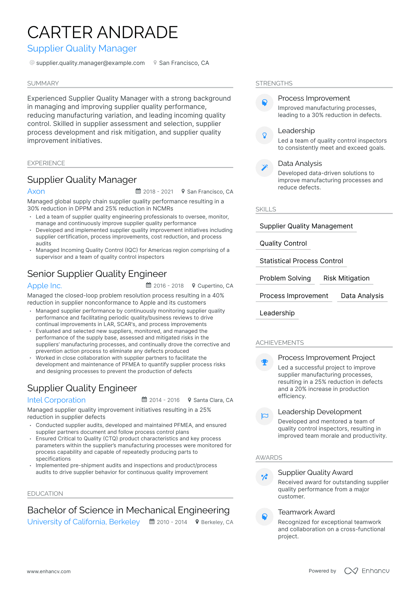 A resume example of a Supplier Quality Manager