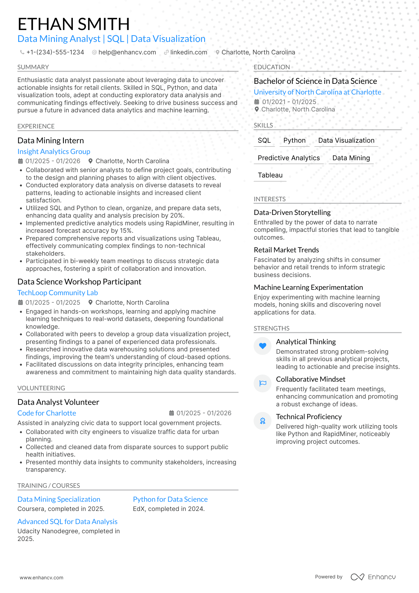 A resume example of a Entry Level Data Mining Analyst