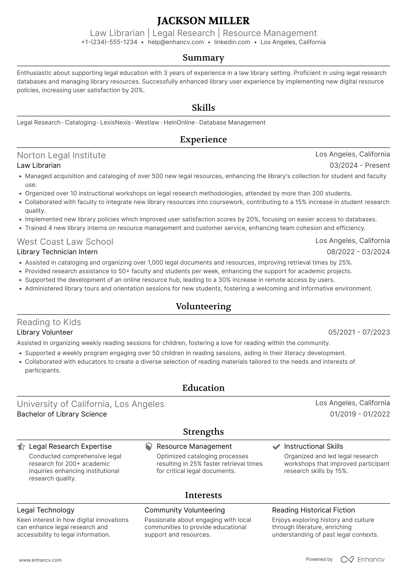 A resume example of a Law School Librarian