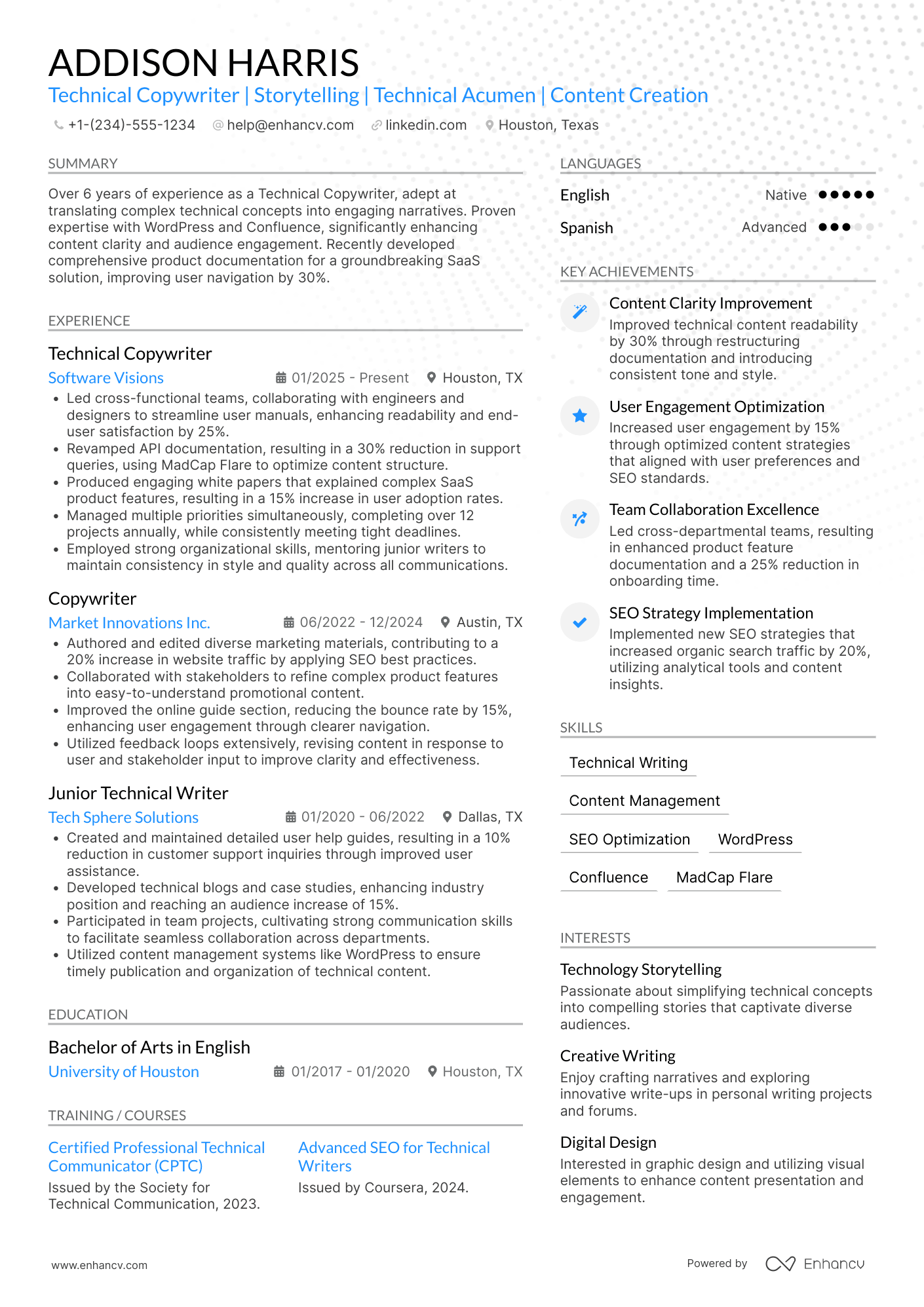 A resume example of a Technical Copywriter